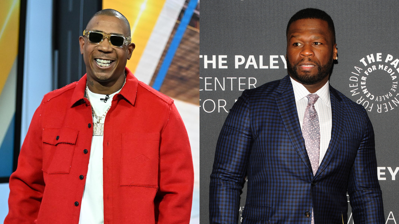 Split image. Left: Ja Rule in a red jacket smiling. Right: 50 Cent in a blue suit at an event.