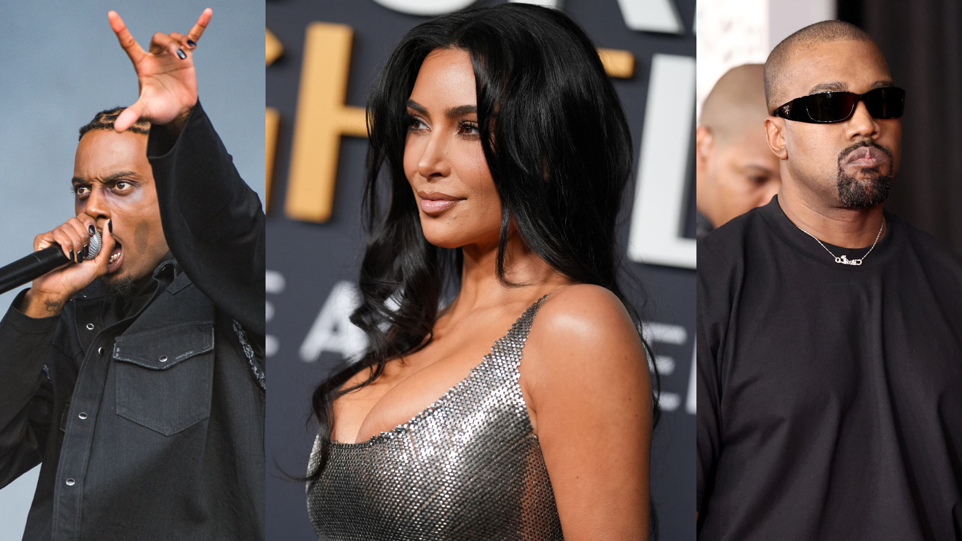 Playboi Carti performing, Kim Kardashian in a silver dress, and Kanye West wearing sunglasses.