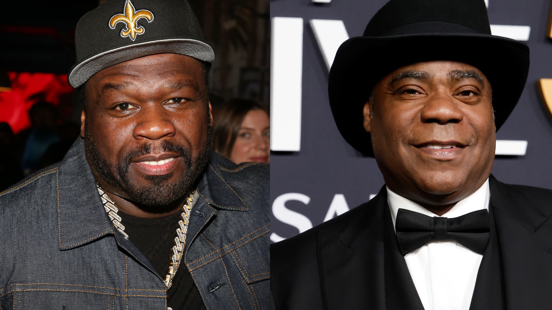 50 Cent wearing a cap and chain, and Tracy Morgan in a tuxedo and top hat, both smiling at separate events.