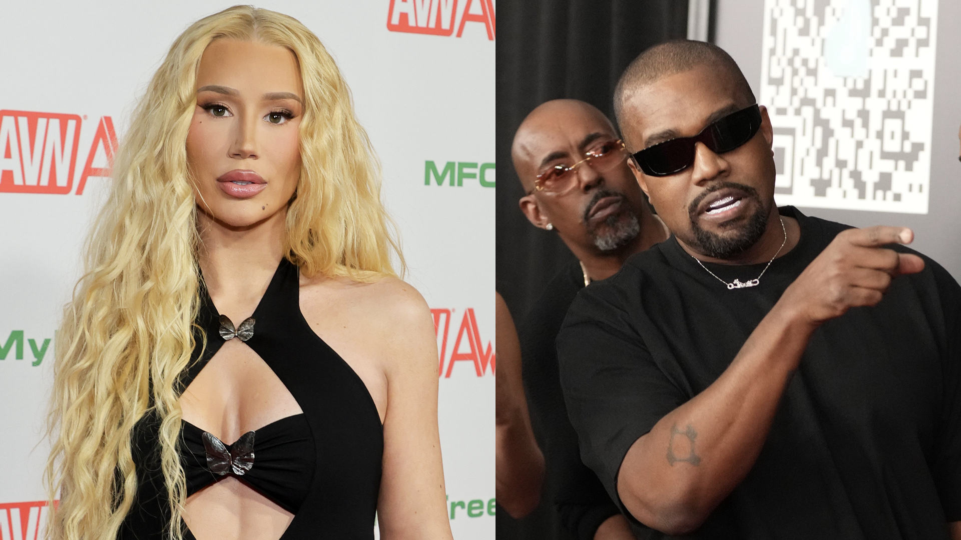 Iggy Azalea with long blonde hair in a black dress; Kanye West wearing sunglasses and a black shirt, gesturing.