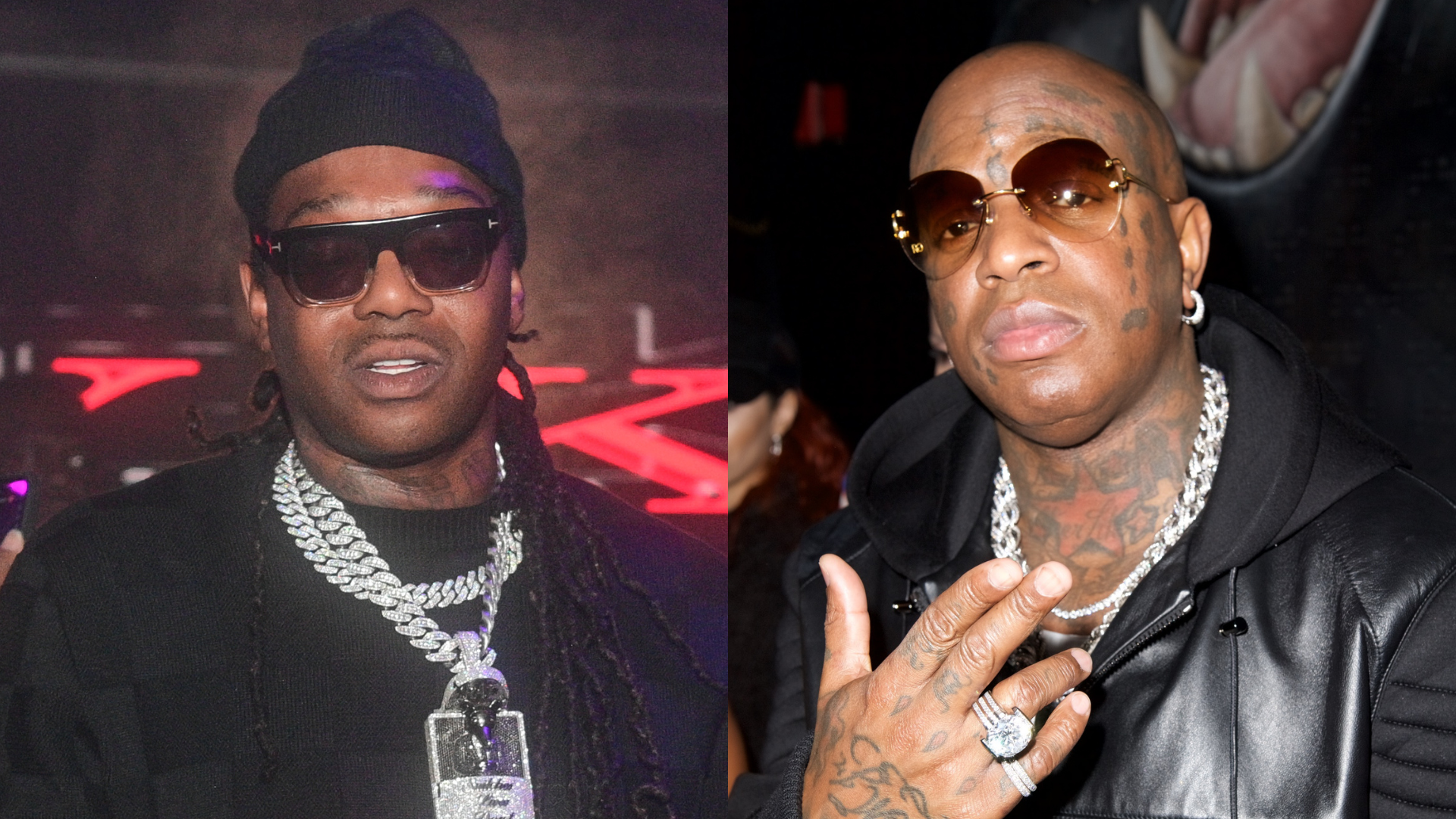Two individuals wearing sunglasses and jewelry. The person on the left has long hair, and the person on the right has tattoos and a bald head.