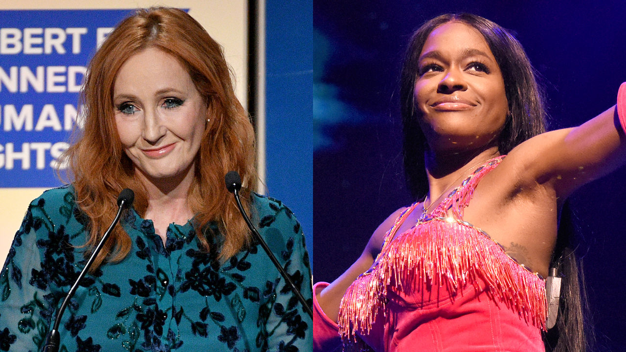 J.K. Rowling, with red hair, speaks at a podium; Azealia Banks performs in a pink outfit on stage.