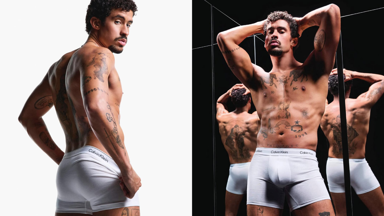 Bad Bunny modeling Calvin Klein underwear, showing tattoos, with his reflection in mirrors.