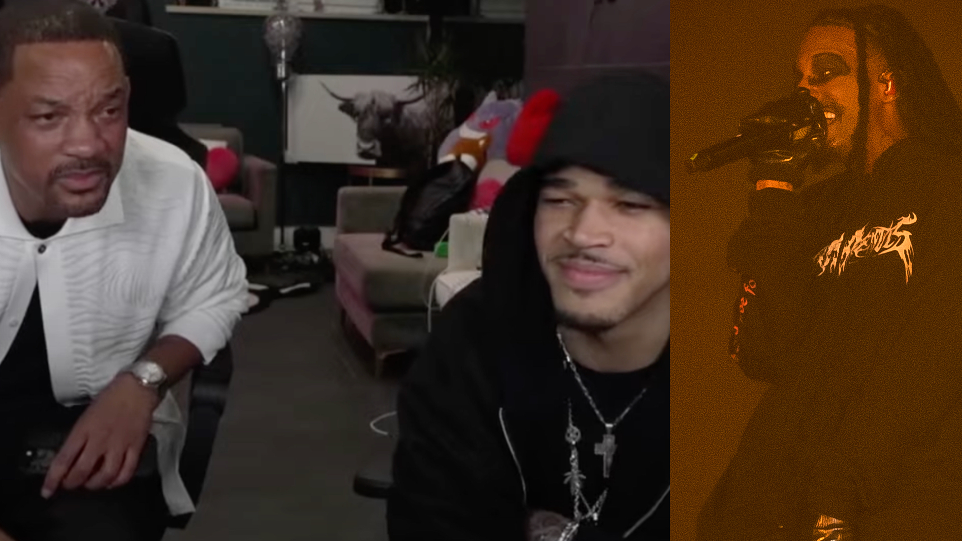 Will Smith and Max in a room, with Playboi Carti performing on stage with a microphone.