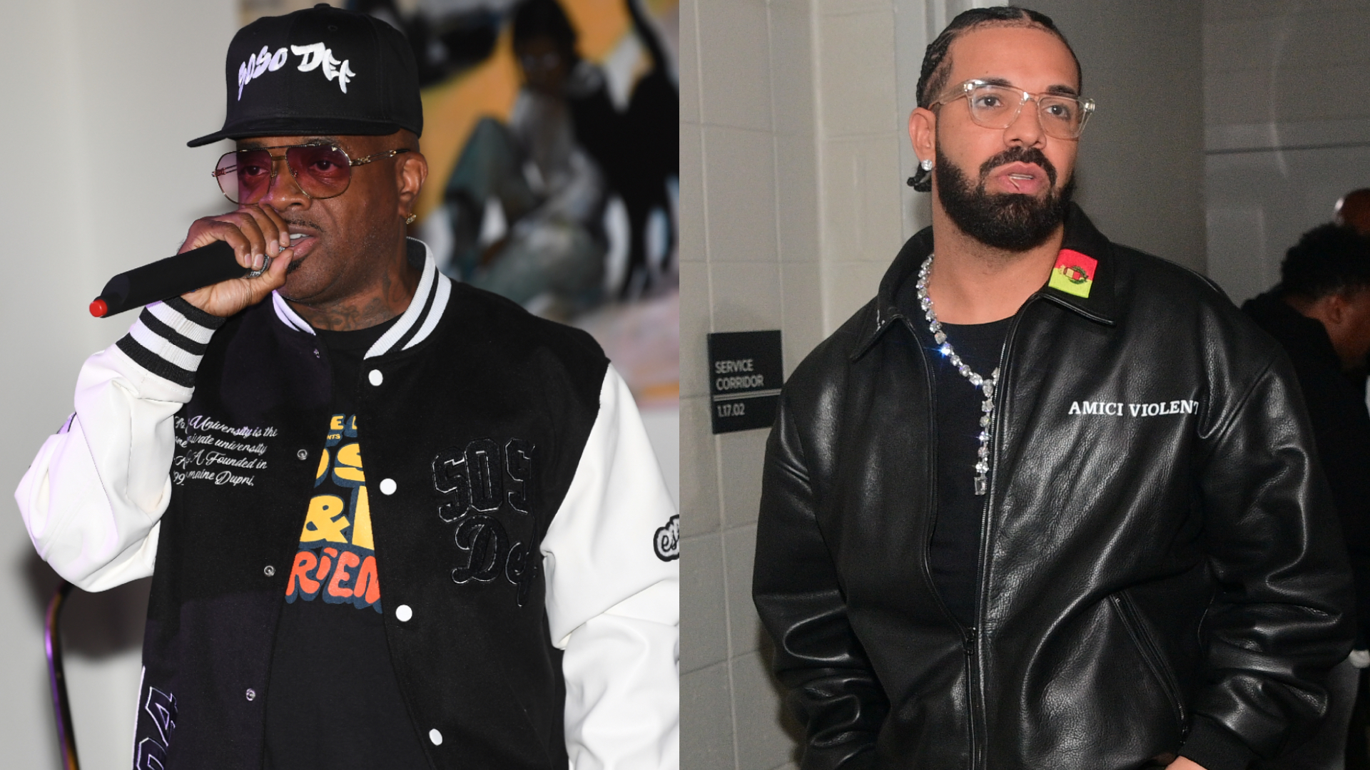 (L) Jermaine Dupri in a black and white jacket and cap, holding a mic. (R) Drake in a black leather jacket with glasses, looking aside.