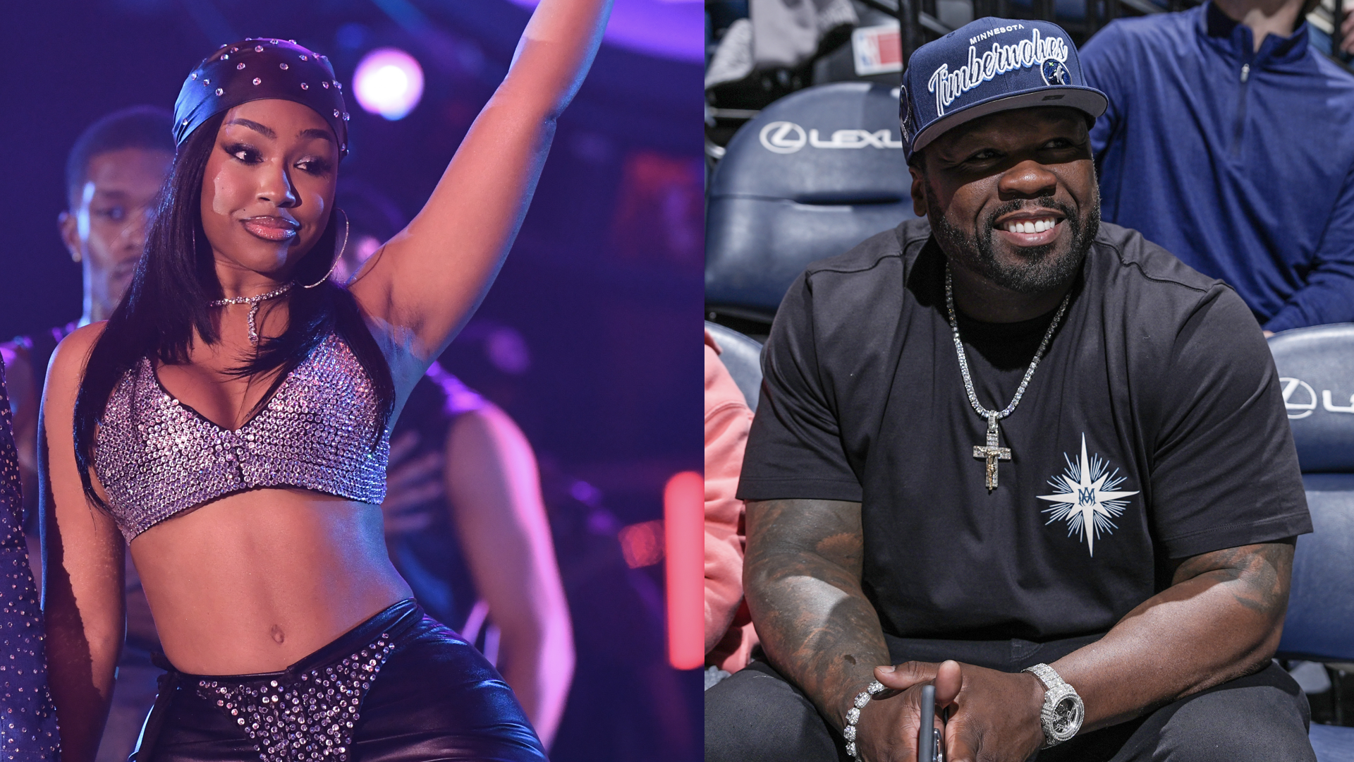 (L) Yung Miami performs onstage during the 2024 BET Hip Hop Awards at Drai's Beach Club Nightclub at The Cromwell Las Vegas on October 8, 2024 in Las Vegas, Nevada. (R) 50 Cent attends a game between the Utah Jazz and the Minnesota Timberwolves on March 16, 2025 at Target Center in Minneapolis, Minnesota.