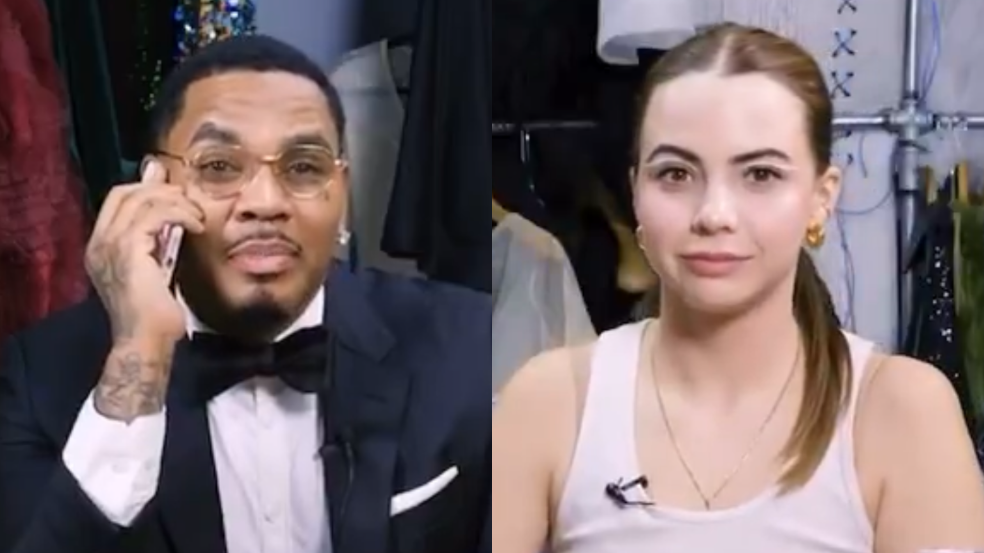 A man in a tuxedo on the phone and a woman with a ponytail in a white tank top, both indoors.