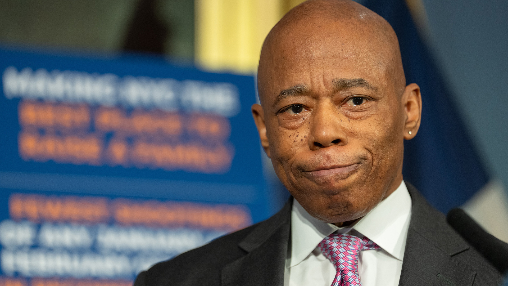 New York City Mayor Eric Adams speaks to the media in the Blue Room in City Hall.