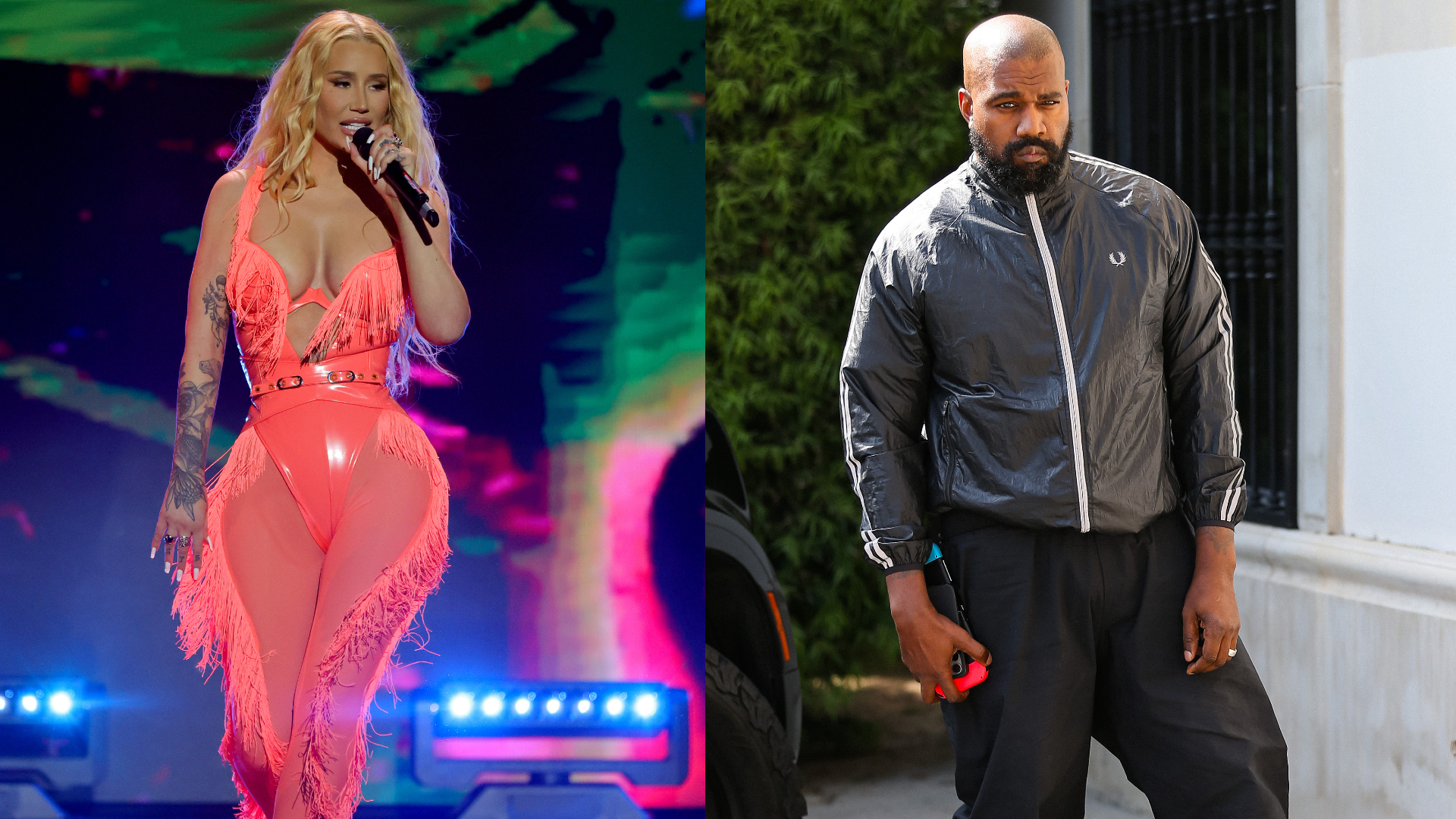 Iggy Azalea performing in a bright pink outfit on stage; Kanye West walking outdoors in a black jacket.