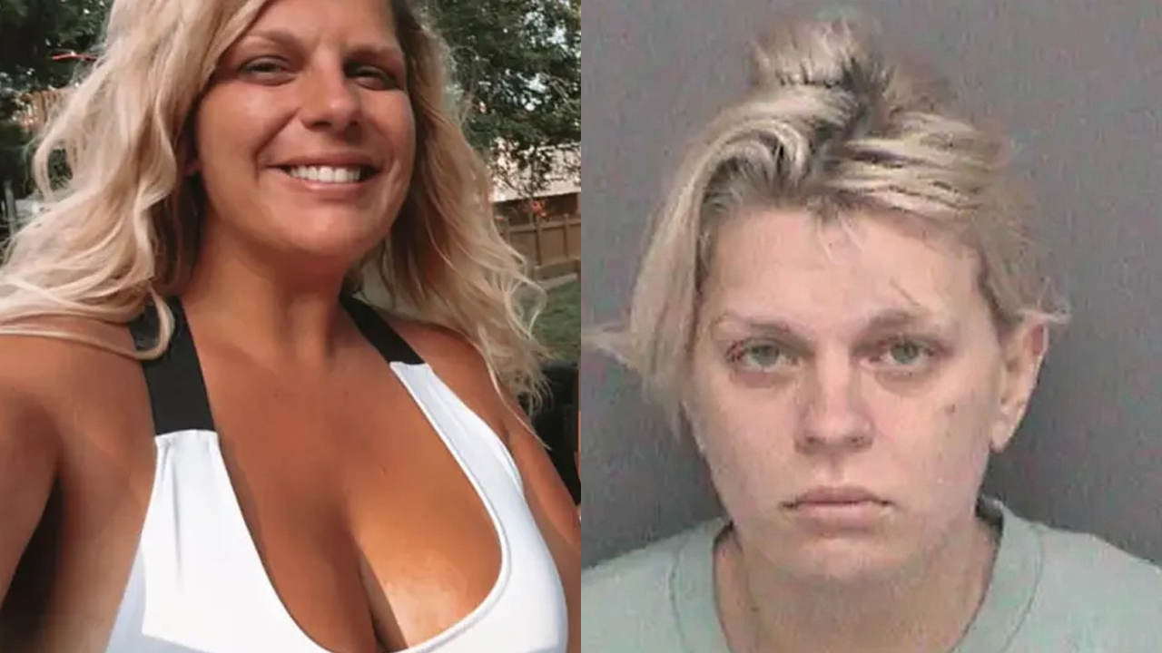 Brittany Fortinberry in a photo from her husband's since-deleted Instagram and her mugshot.