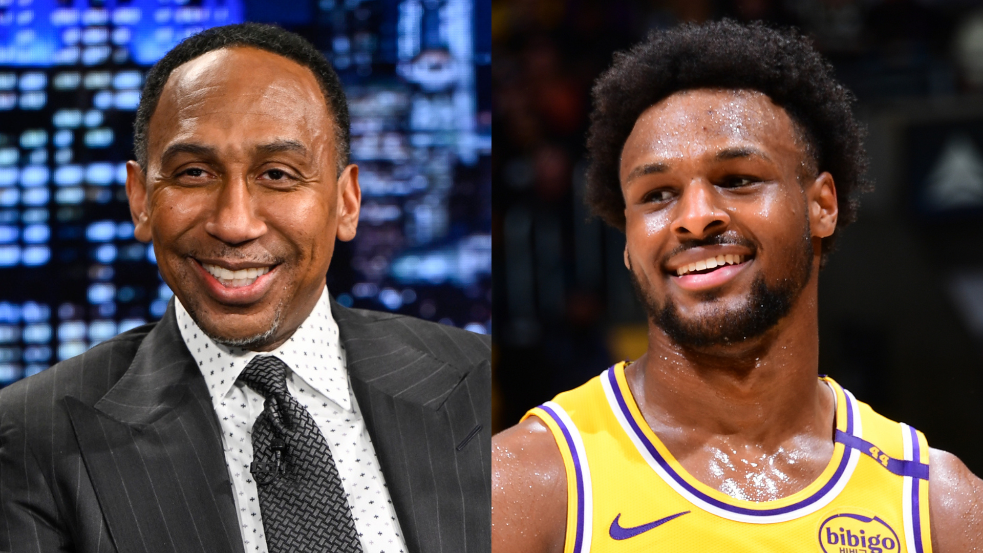 Split image: Stephen A. Smith smiling in a suit on a TV set; Bronny James in a basketball jersey, smiling on a court.