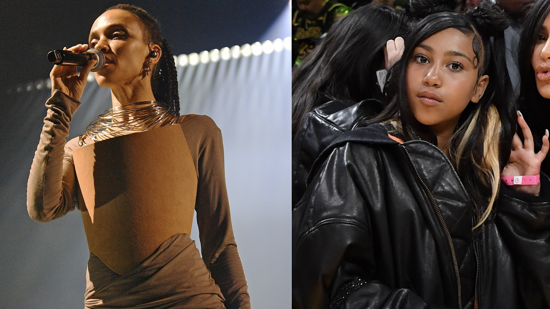 FKA Twigs performs at Magazine London during the Eusexua Tour on March 21, 2025 in London, England/ Kim Kardashian (R) and North West attend a basketball game between the Los Angeles Lakers and the Golden State Warriors at Crypto.com Arena on April 09, 2024 in Los Angeles, California.
