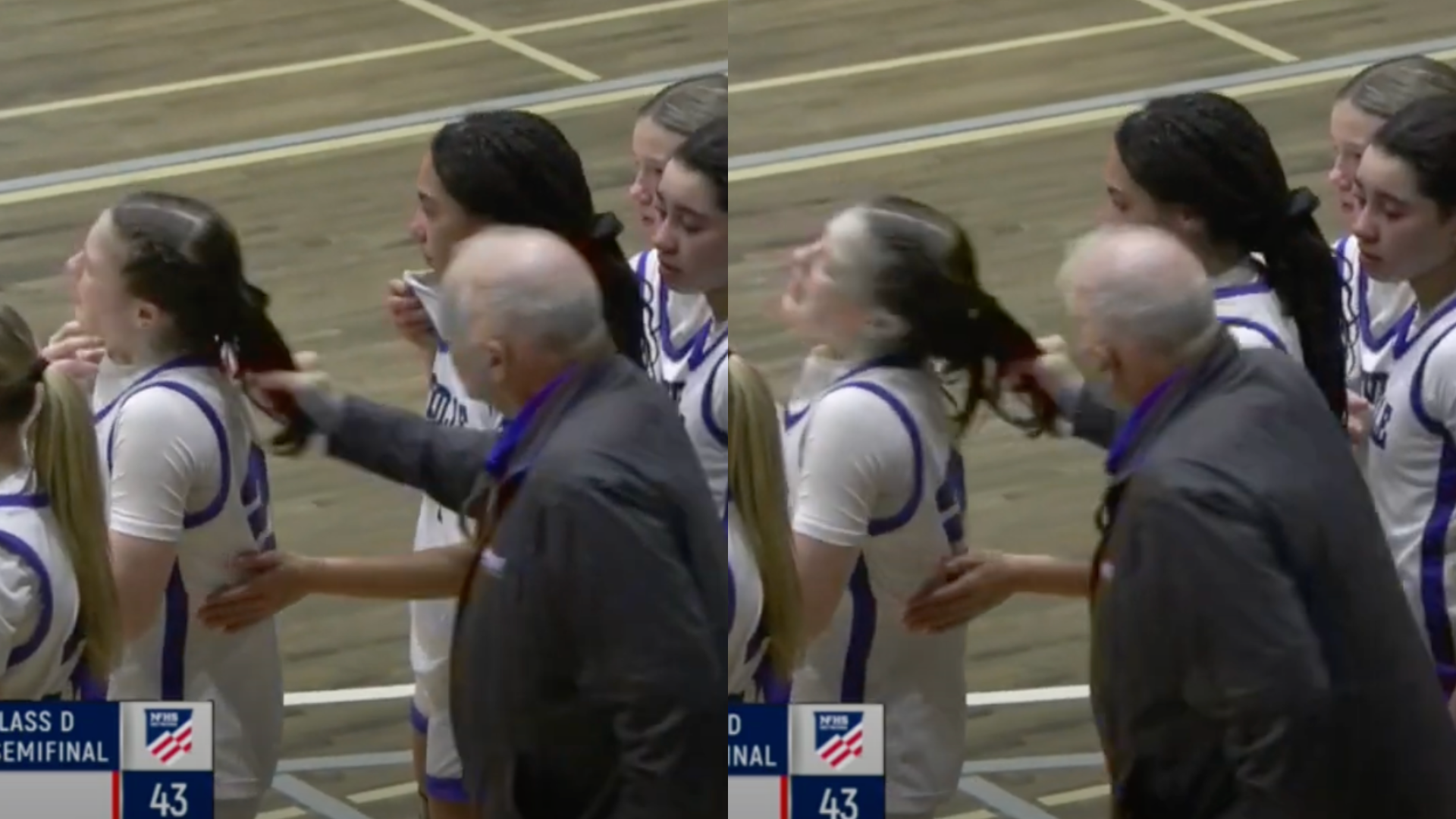 A basketball coach appears to pull a player's ponytail during a game. The scene is on a basketball court.