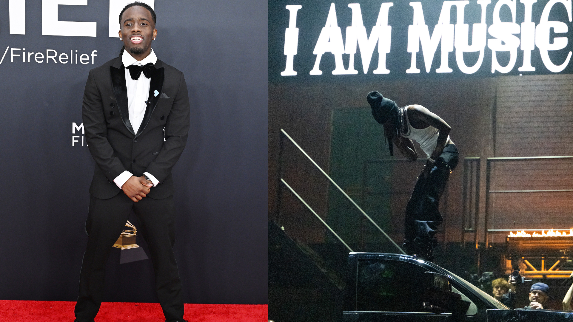 Kai Cenat in a black tuxedo poses on a red carpet; Playboi Carti performs on stage with "I AM MUSIC" in large letters above.