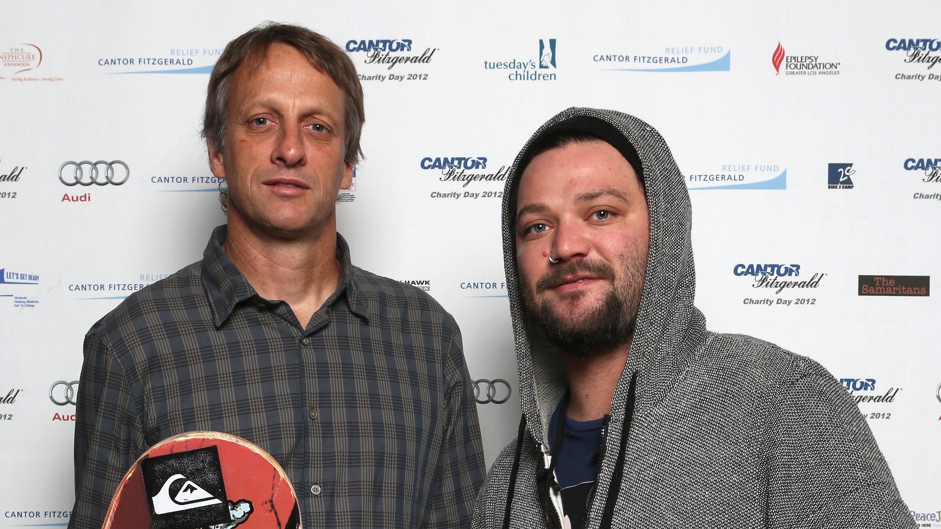 NEW YORK, NY - SEPTEMBER 11: (L-R) Tony Hawk and Bam Margera attend Cantor Fitzgerald & BGC Partners host annual charity day on 9/11 to benefit over 100 charities worldwide at Cantor Fitzgerald on September 11, 2012 in New York City. 