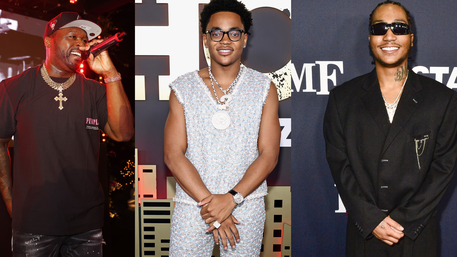 50 Cent is wearing a black shirt and cap, Michael Rainey Jr is in a patterned outfit with glasses, and Lil Meech is in a black suit with sunglasses.