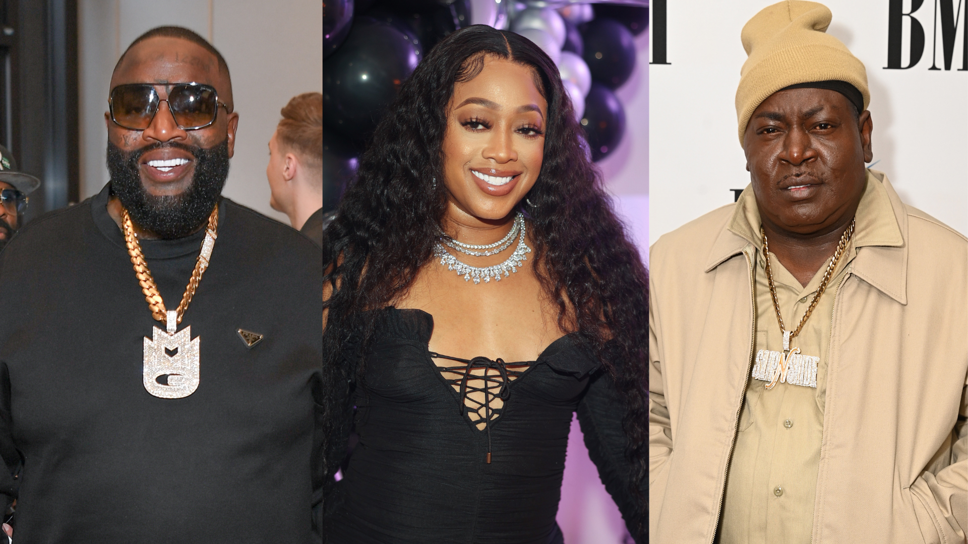 Left to right: Rick Ross, Trina, and Trick Daddy. Rick Ross wears sunglasses, Trina smiles in a black dress, and Trick Daddy wears a beige outfit.