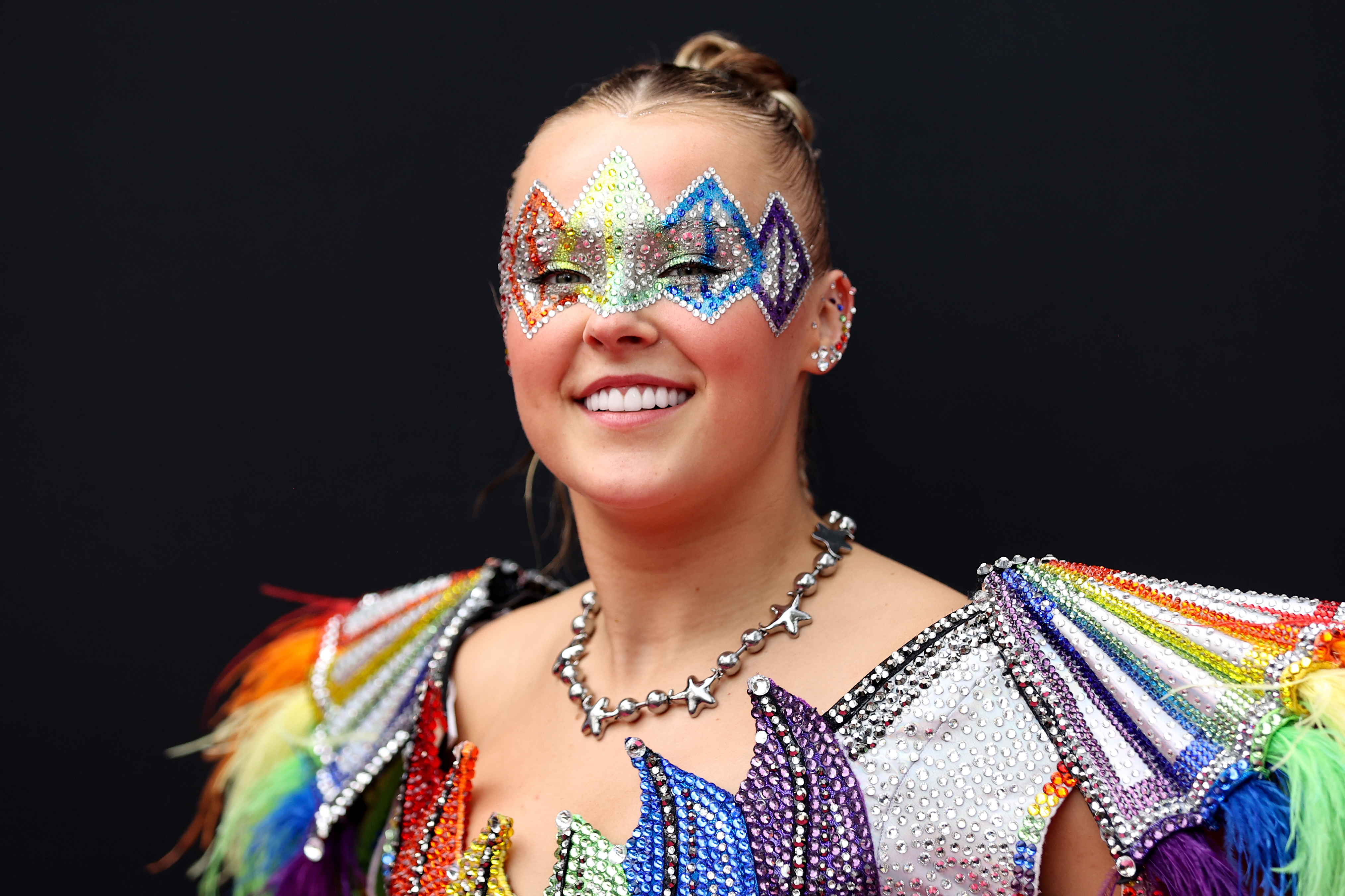 JoJo Siwa wearing a colorful, sequined outfit with a matching eye mask and star necklace, smiling against a dark background.