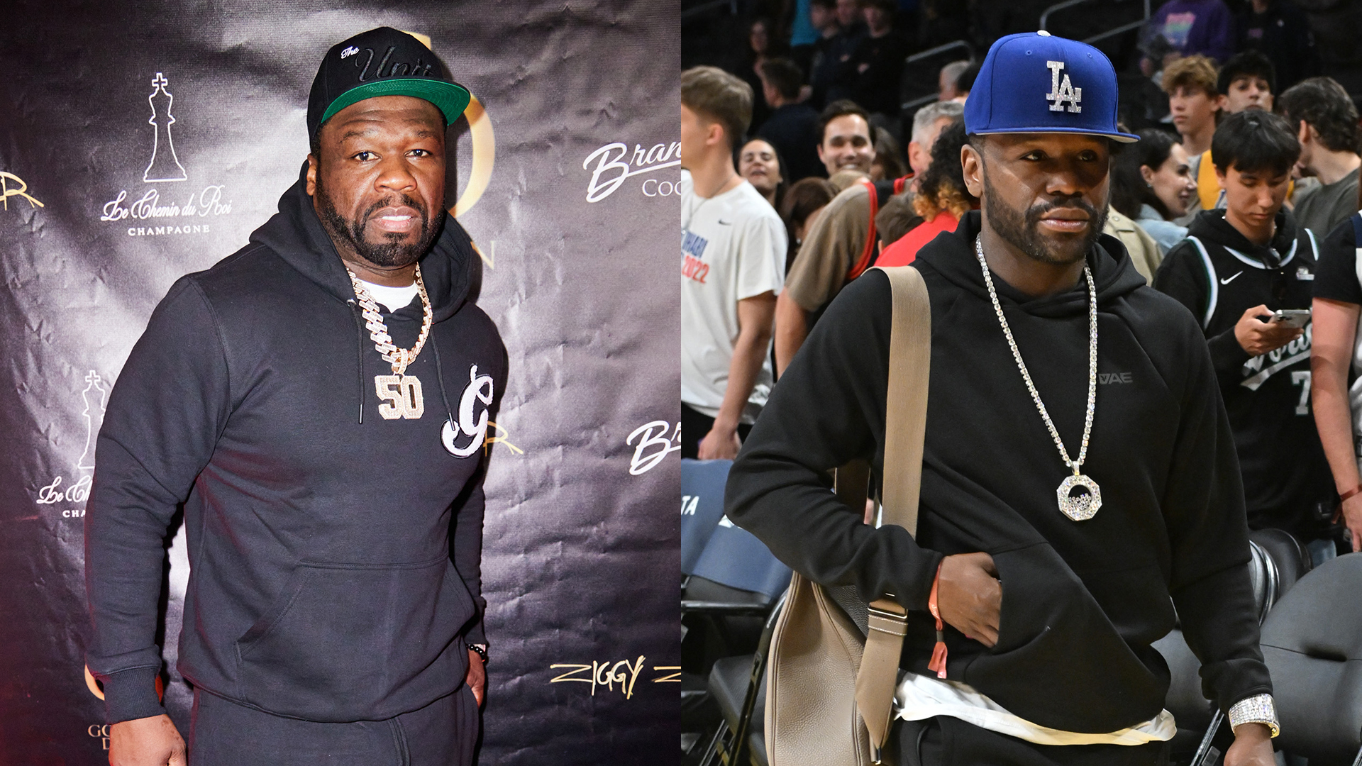 (L) 50 Cent in a black hoodie and cap at an event. (R) Floyd Mayweather in a black hoodie and LA cap at a sports venue.