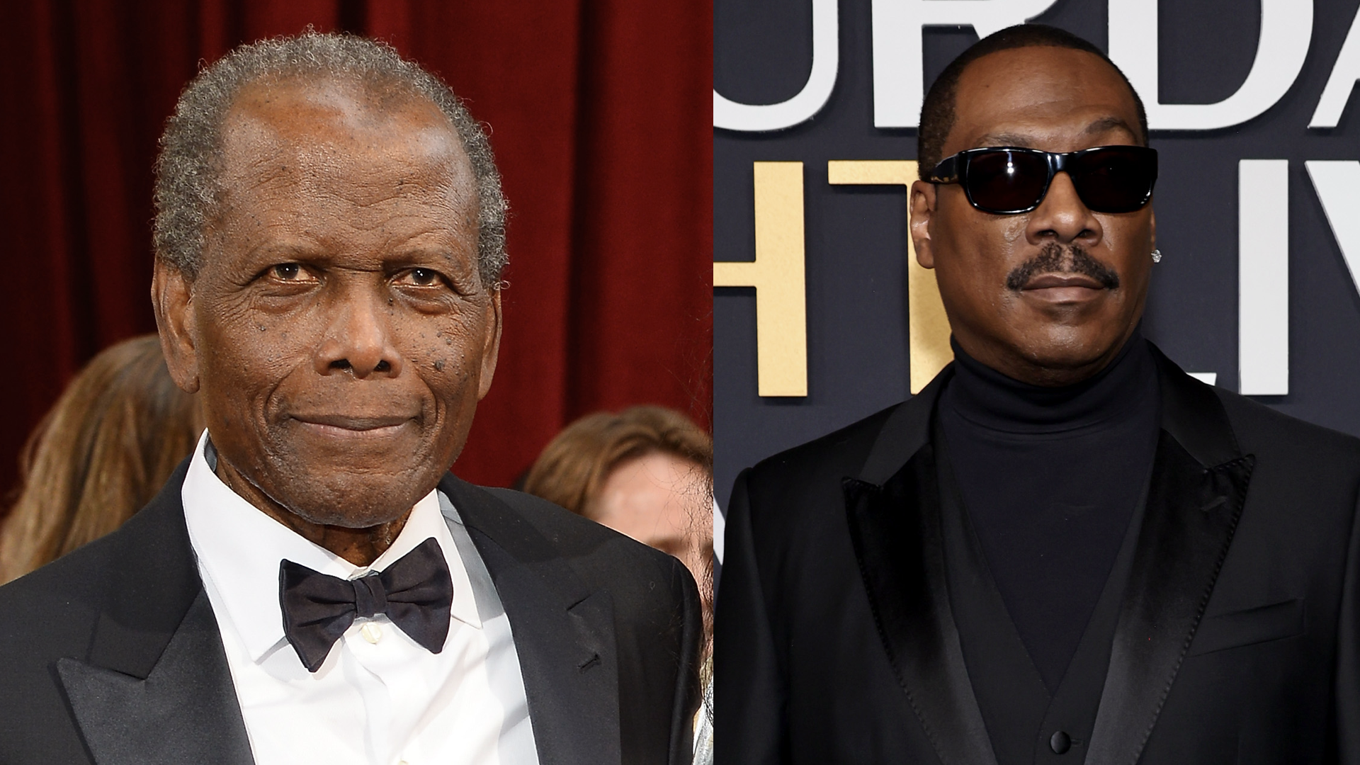 Sidney Poitier attends the Oscars held at Hollywood & Highland Center on March 2, 2014 in Hollywood, California/Eddie Murphy on Sunday, February 16, 2025.
