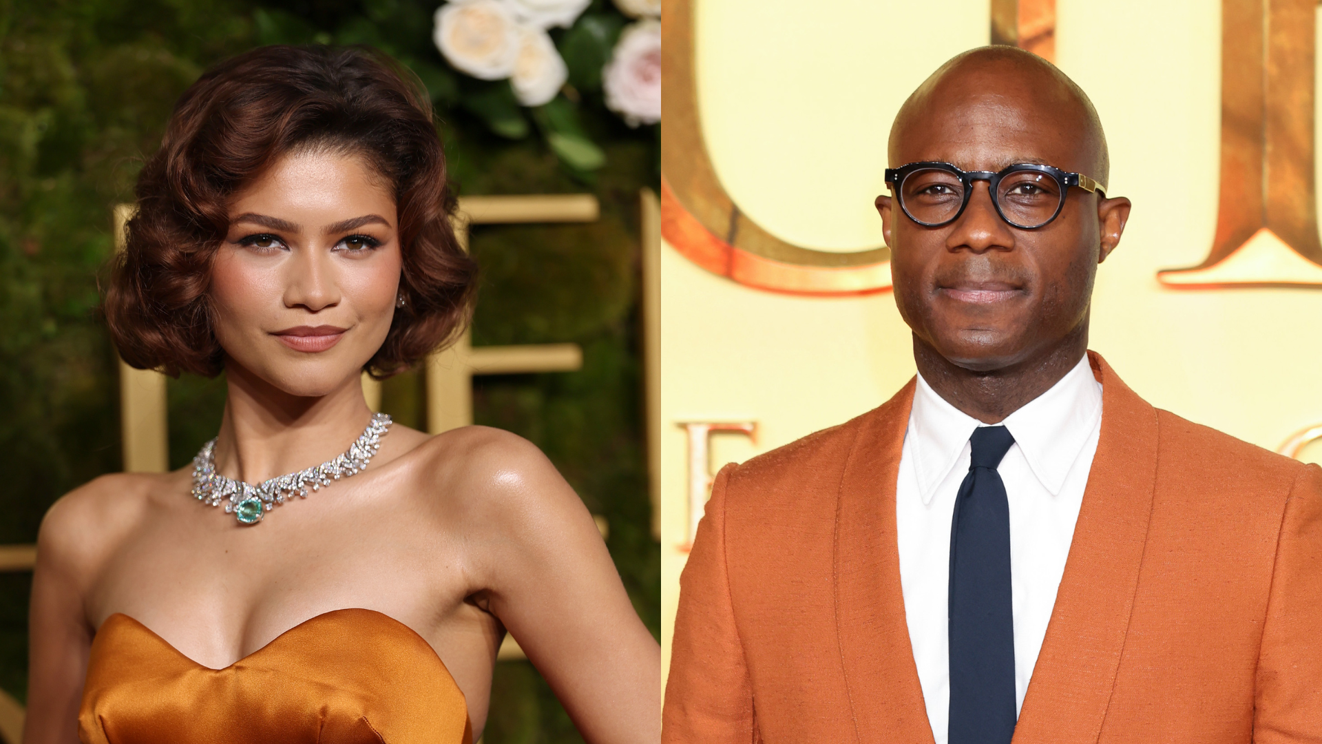 {"name":"Zendaya and Barry Jenkins","description":"Zendaya in an orange dress with a necklace; Barry Jenkins in glasses and an orange suit."}