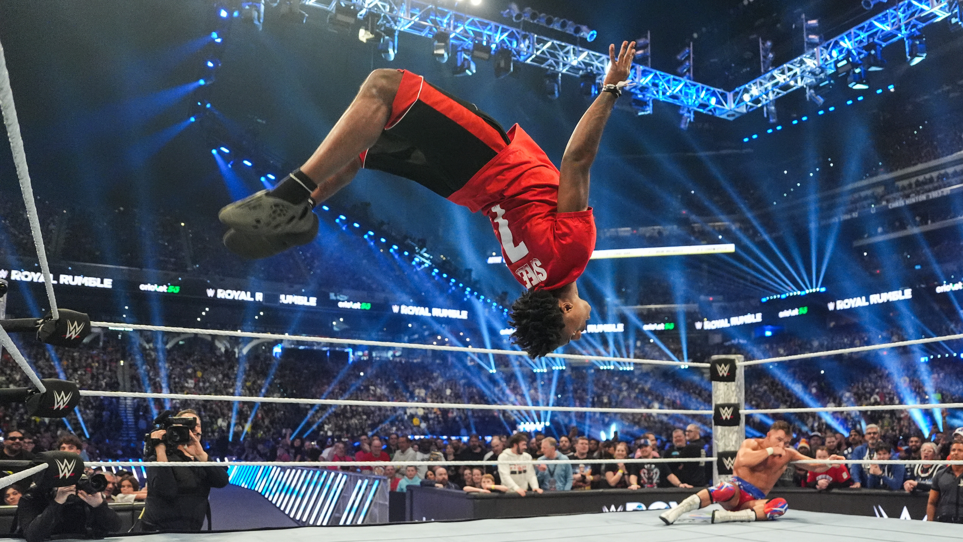 IShowSpeed does a backflip during the 2025 WWE Royal Rumble.