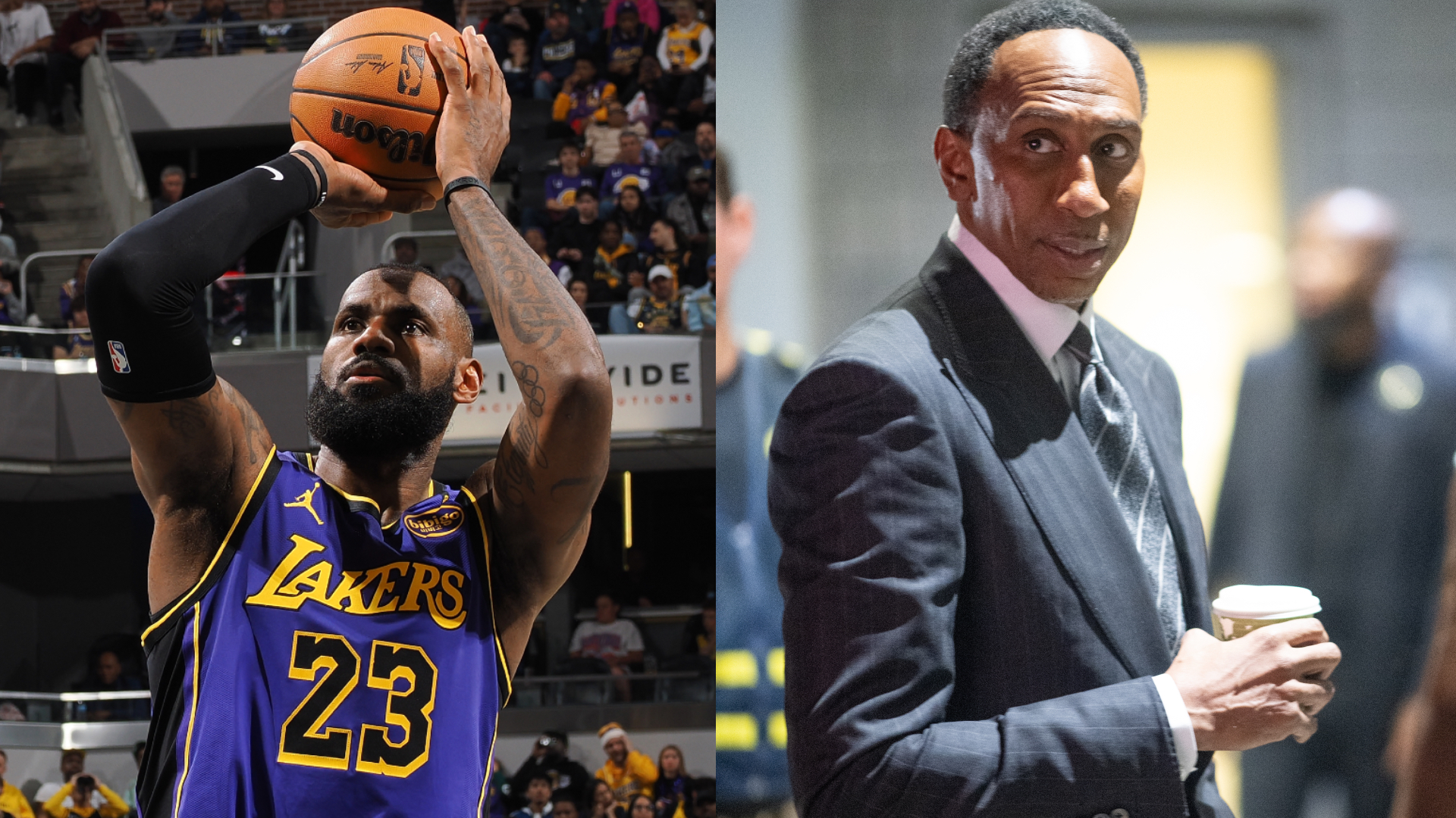 LeBron James in a Lakers jersey taking a shot; Stephen A. Smith in a suit holding a coffee cup.