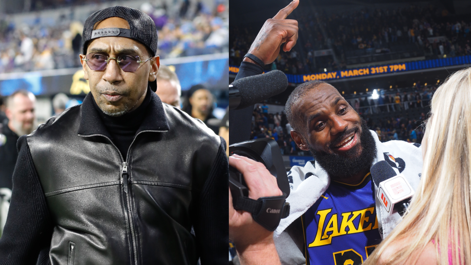 Stephen A. Smith in a leather vest and sunglasses; LeBron James in a Lakers jersey, smiling during an interview.
