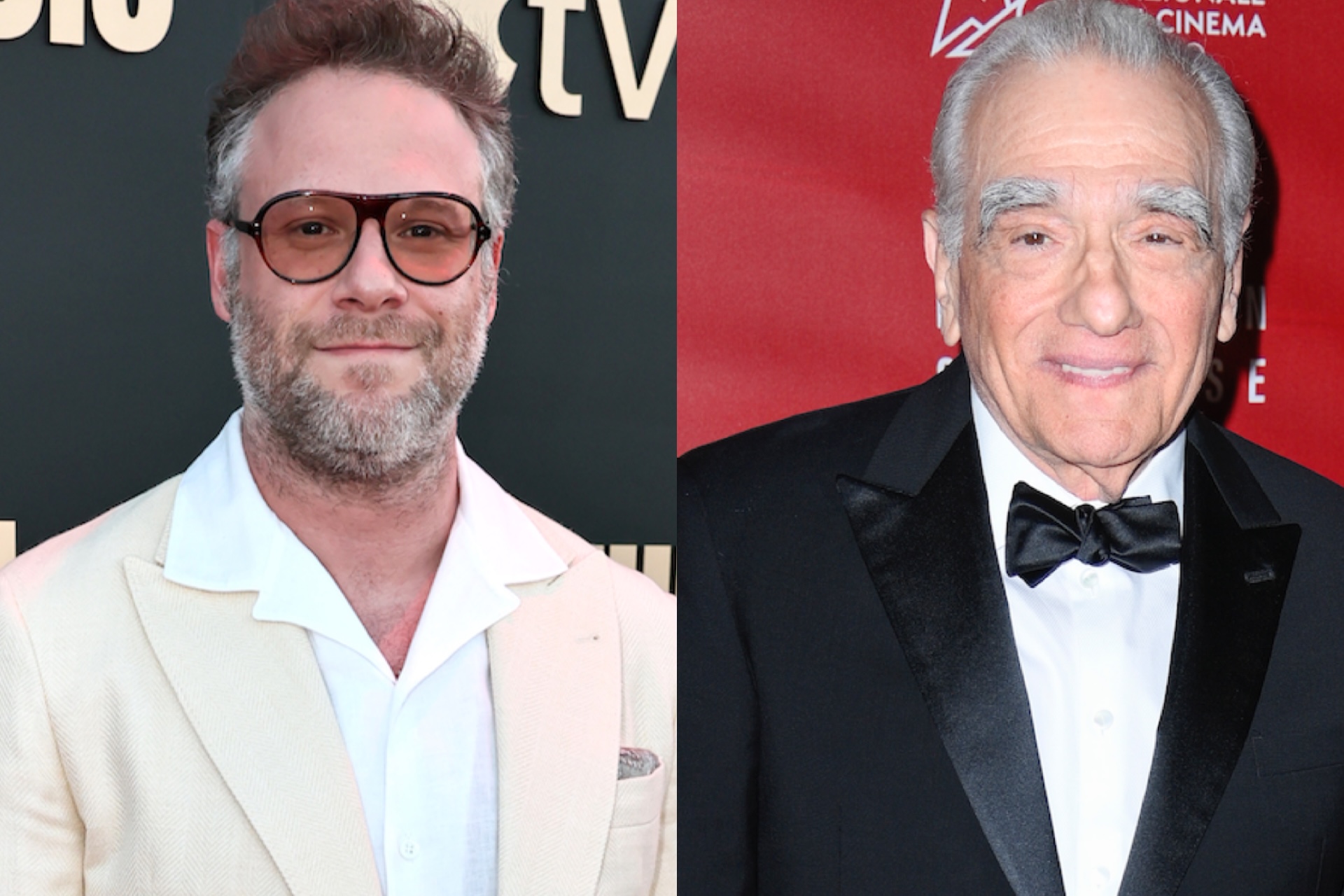 Seth Rogen in a light suit and glasses, and Martin Scorsese in a tuxedo, both smiling at separate events.