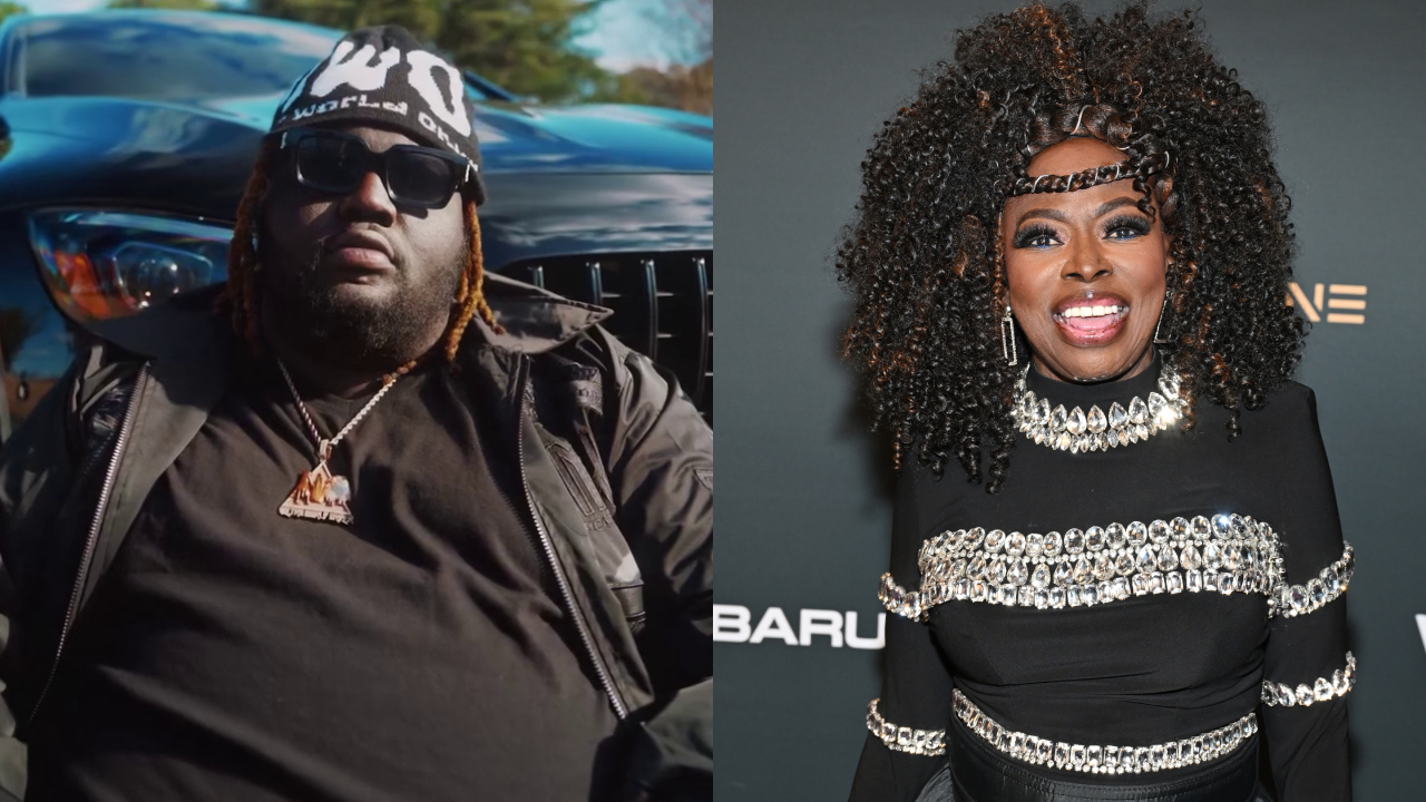 (L) Swayvo Twain in sunglasses and a beanie, and on the right. (R) Angie Stone with curly hair in a black embellished outfit.