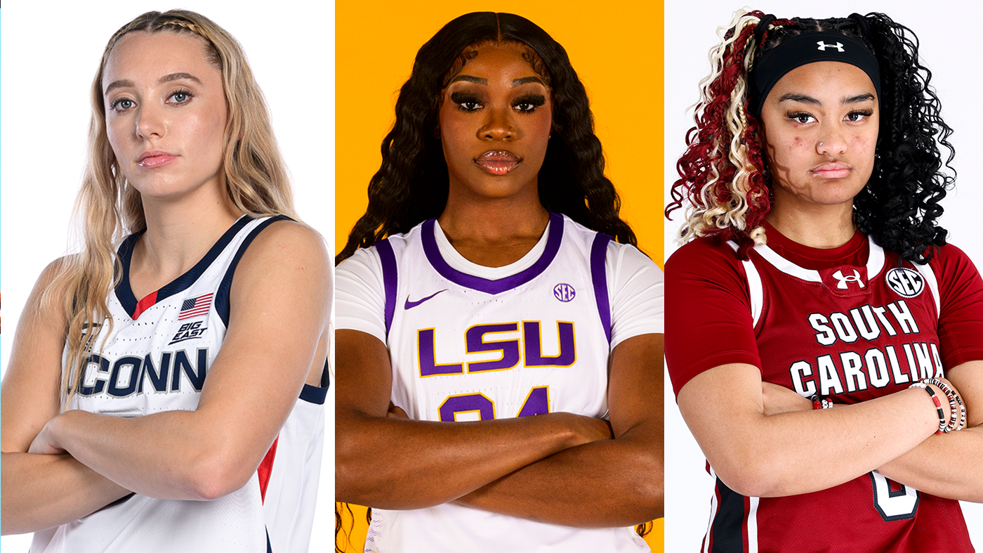 Paige Bueckers, Aneesha Morrow, and Te-Hina Paopao in team jerseys: UConn, LSU, and South Carolina, posing with arms crossed against different backgrounds.