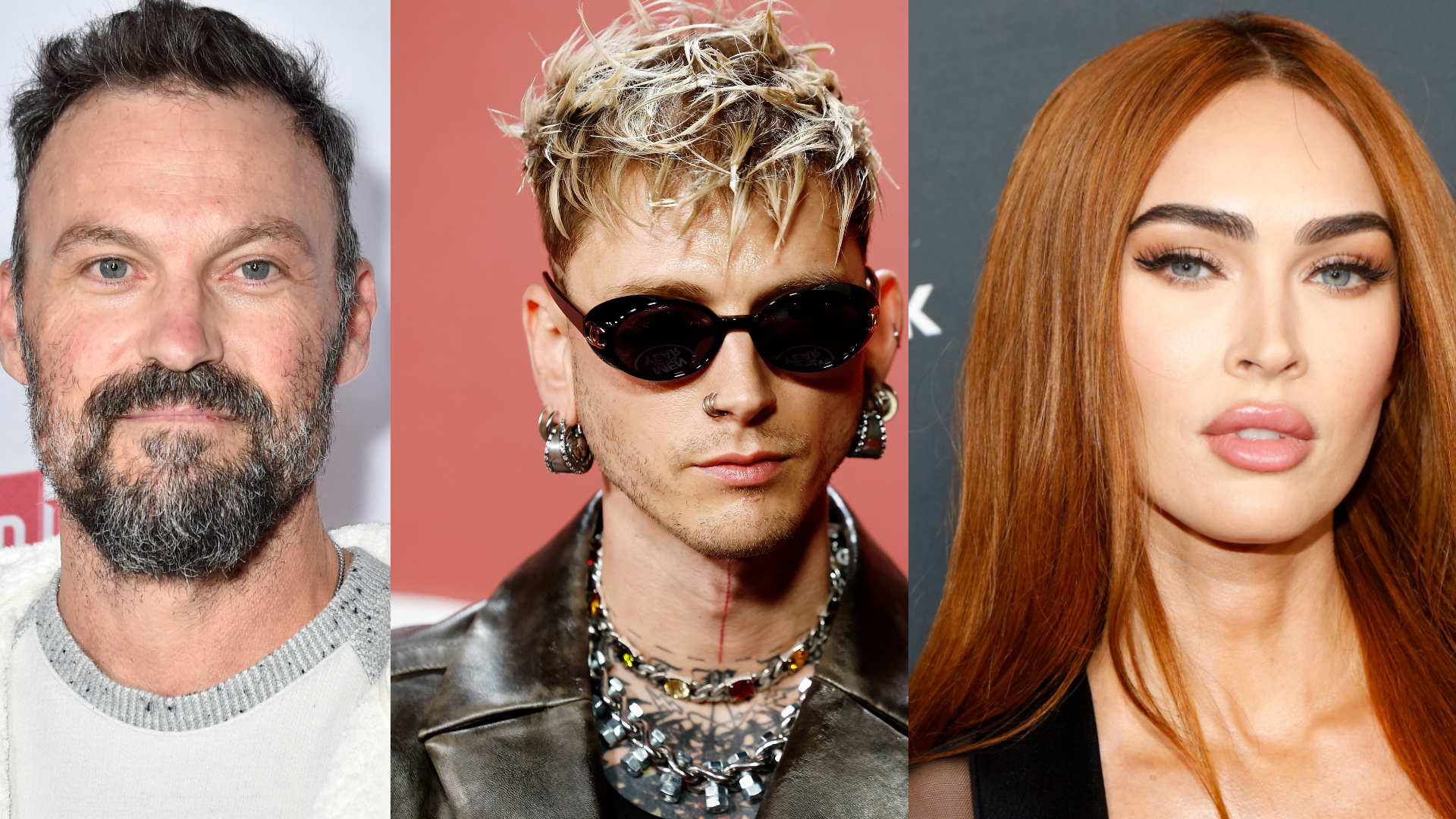 Brian Austin Green, Machine Gun Kelly, and Megan Fox side by side.