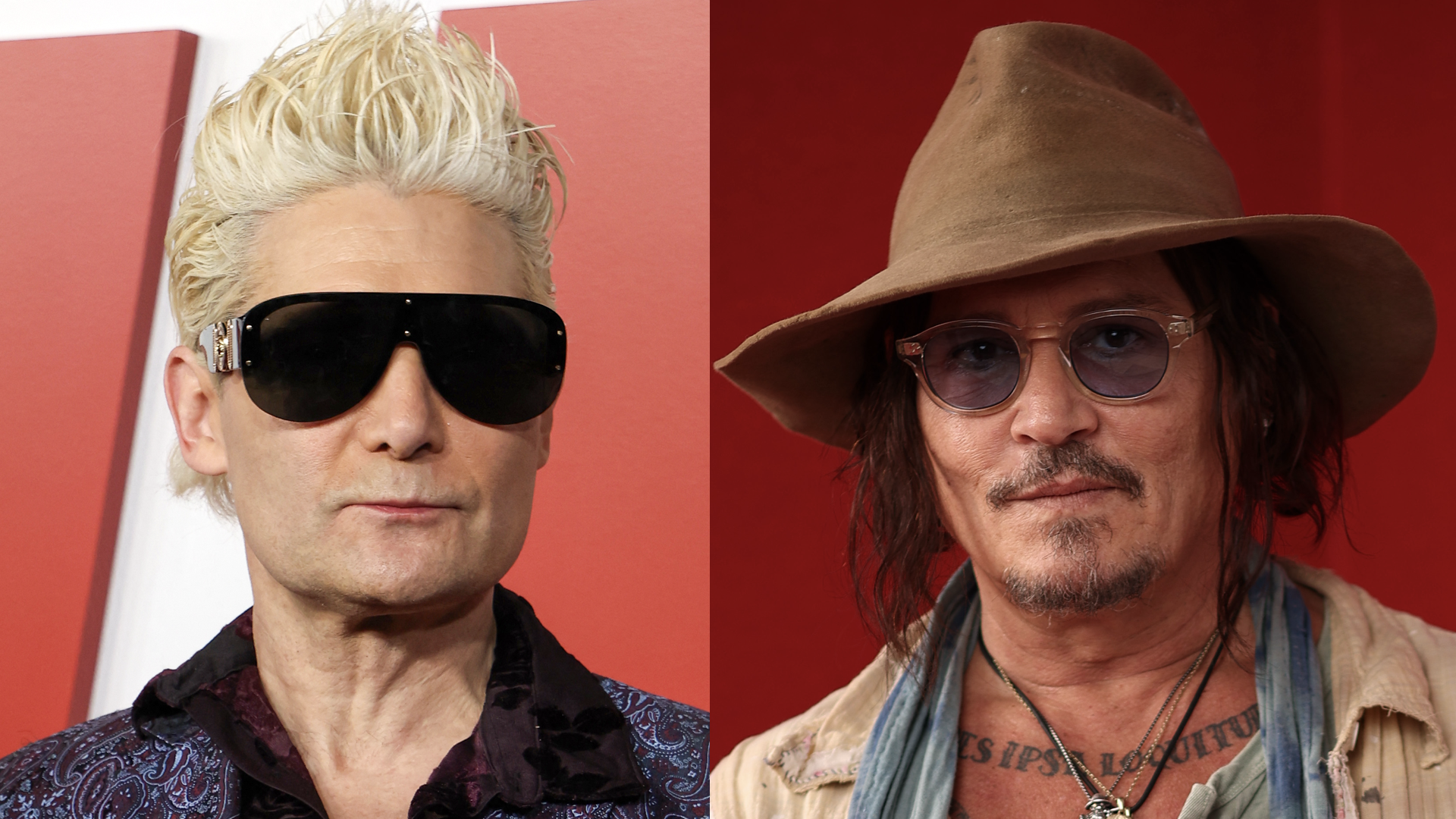 (L) Corey Feldman sporting blonde hair and dark sunglasses. (R) Johnny Depp wearing a brown hat and sunglasses.