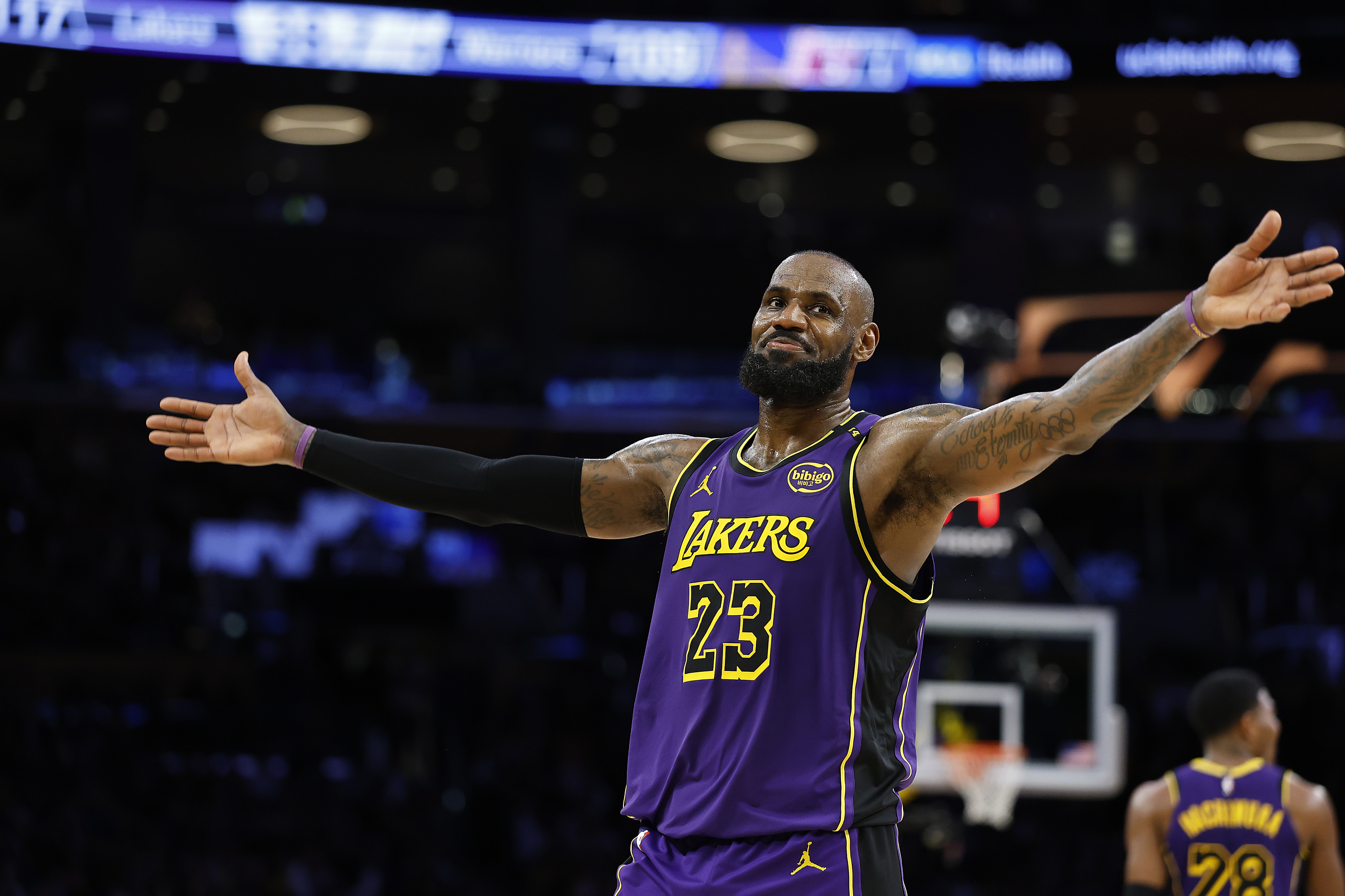 LOS ANGELES, CALIFORNIA - FEBRUARY 06: LeBron James #23 of the Los Angeles Lakers reacts during a 120-112 win against the Golden State Warriors in the second half at Crypto.com Arena on February 06, 2025 in Los Angeles, California.