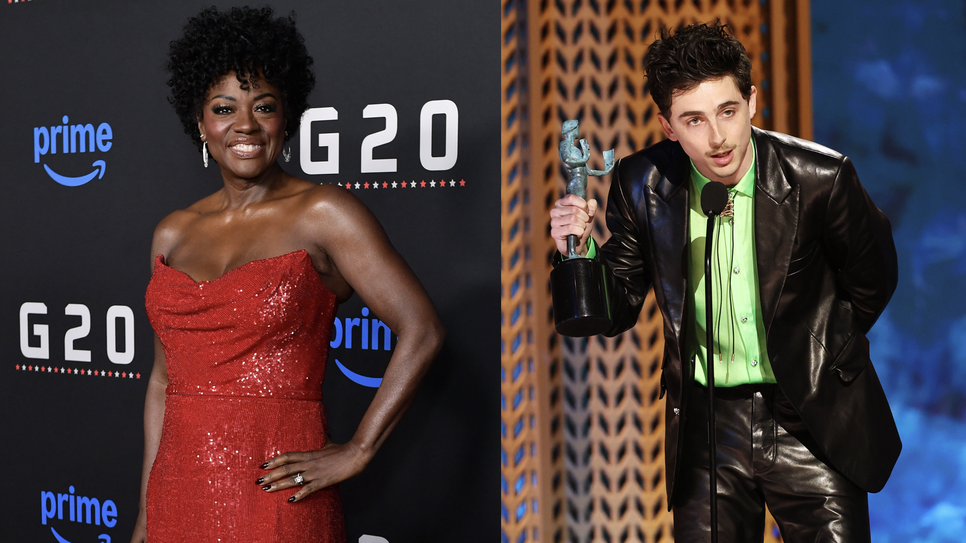 US actress Viola Davis attends the Los Angeles premiere of MGM Amazon Studios' "G20" at the TCL Chinese Theatre in Hollywood, California, March 27, 2025. (Photo by Unique Nicole / AFP) (Photo by UNIQUE NICOLE/AFP via Getty Images/Timothée Chalamet accepts the Outstanding Performance by a Male Actor in a Leading Role award for "A Complete Unknown" onstage during the 31st Annual Screen Actors Guild Awards at Shrine Auditorium and Expo Hall on February 23, 2025 in Los Angeles, California.