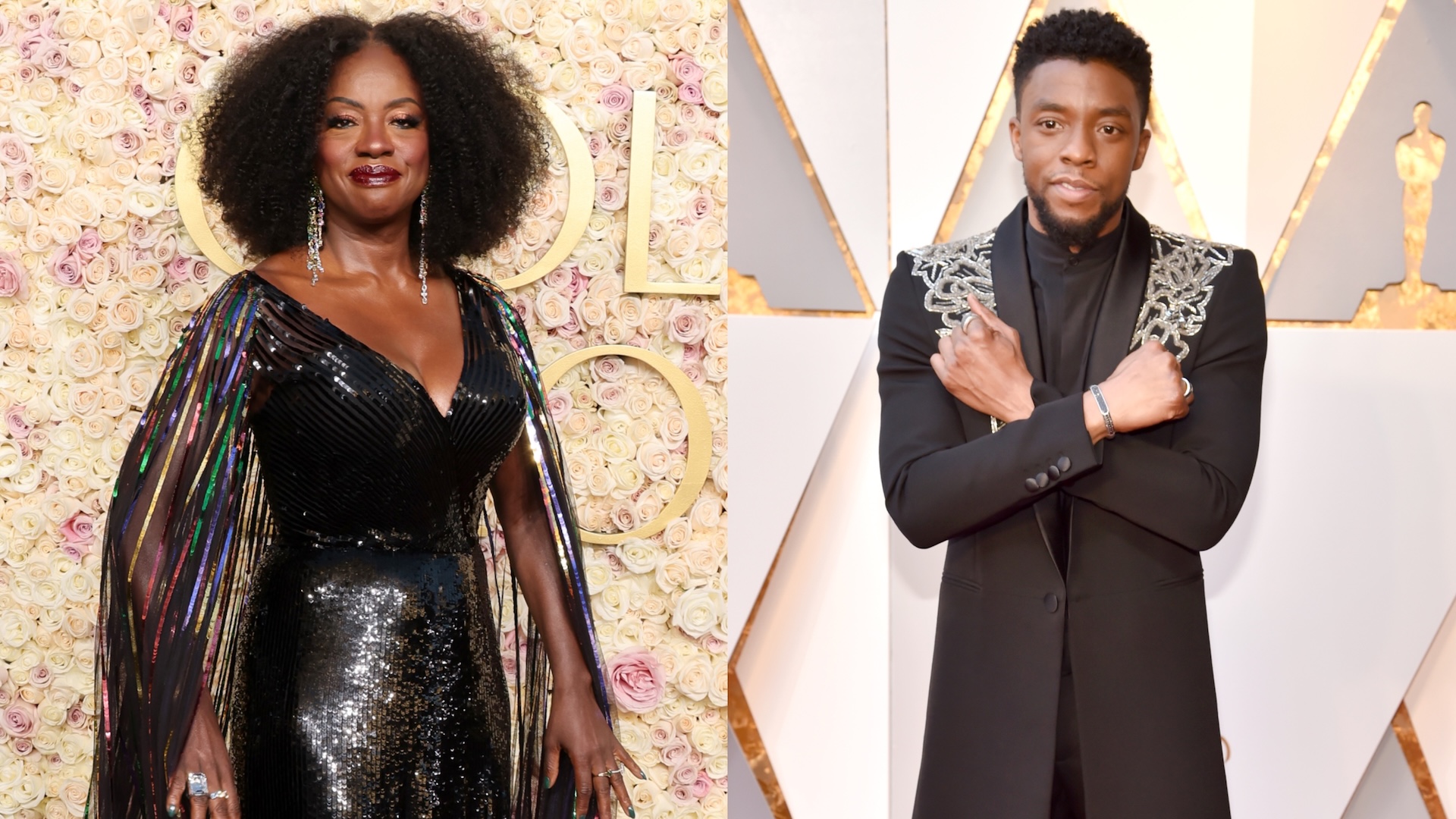 (L) Viola Davis wearing black sequined dress with a multicolored cape. (R) Chadwick Boseman wearing a black suit and crossing his arms over his chest. 
