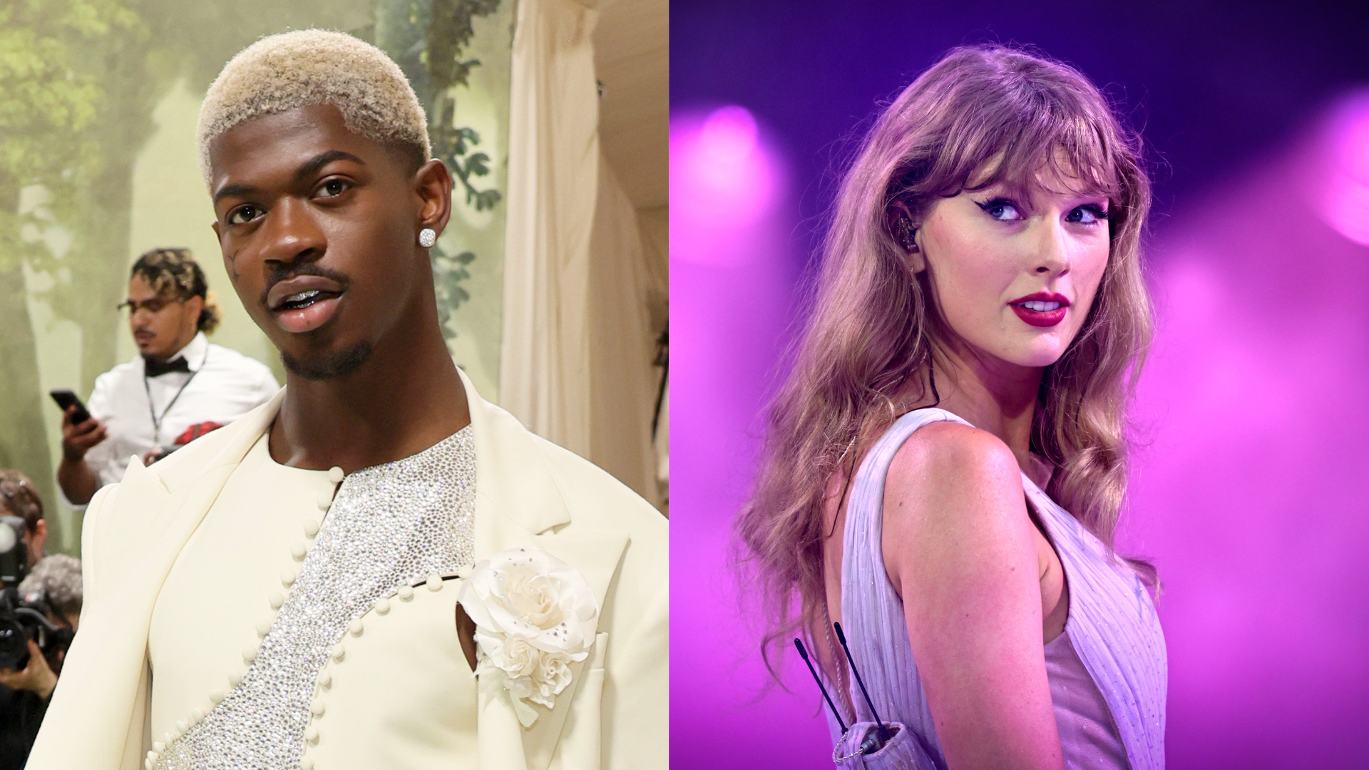 Lil Nas X in a stylish white outfit with a floral detail, alongside Taylor Swift in a lavender dress, under purple stage lighting.
