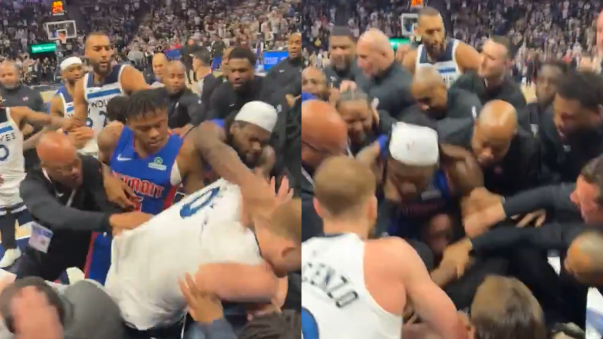 A chaotic scene on a basketball court with players and staff involved in a scuffle. The crowd watches in the background.
