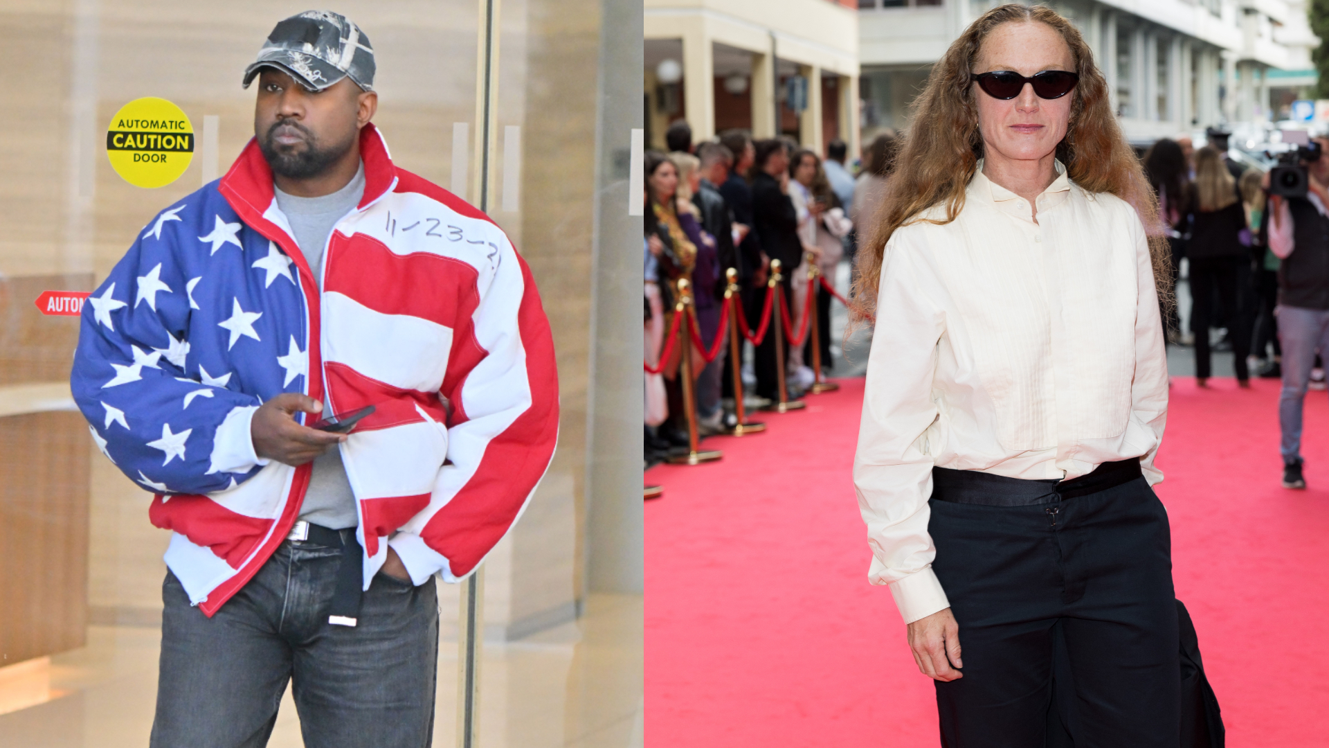 Ye in an American flag jacket and cap, and Vanessa Beecroft in sunglasses and a white shirt on a red carpet.