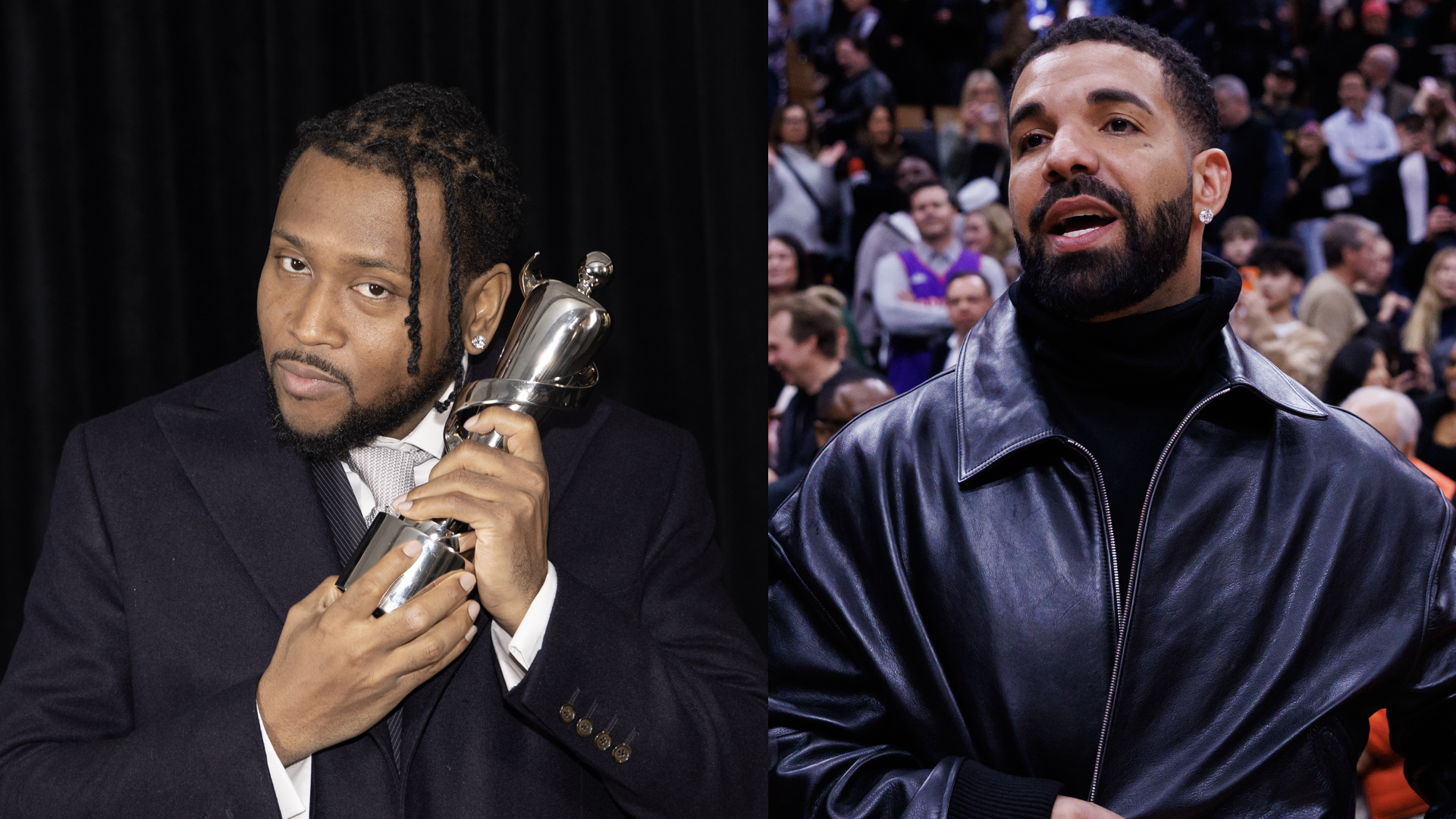 Boi-1da, winner of the International Achievement Award, poses at the Winner’s Photo Wall at the 2025 JUNO Awards at Rogers Arena on March 30, 2025 in Vancouver, British Columbia, Canada/Rapper Drake leaves the court following the NBA game between the Toronto Raptors and the Golden State Warriors at Scotiabank Arena on January 13, 2025 in Toronto, Canada.