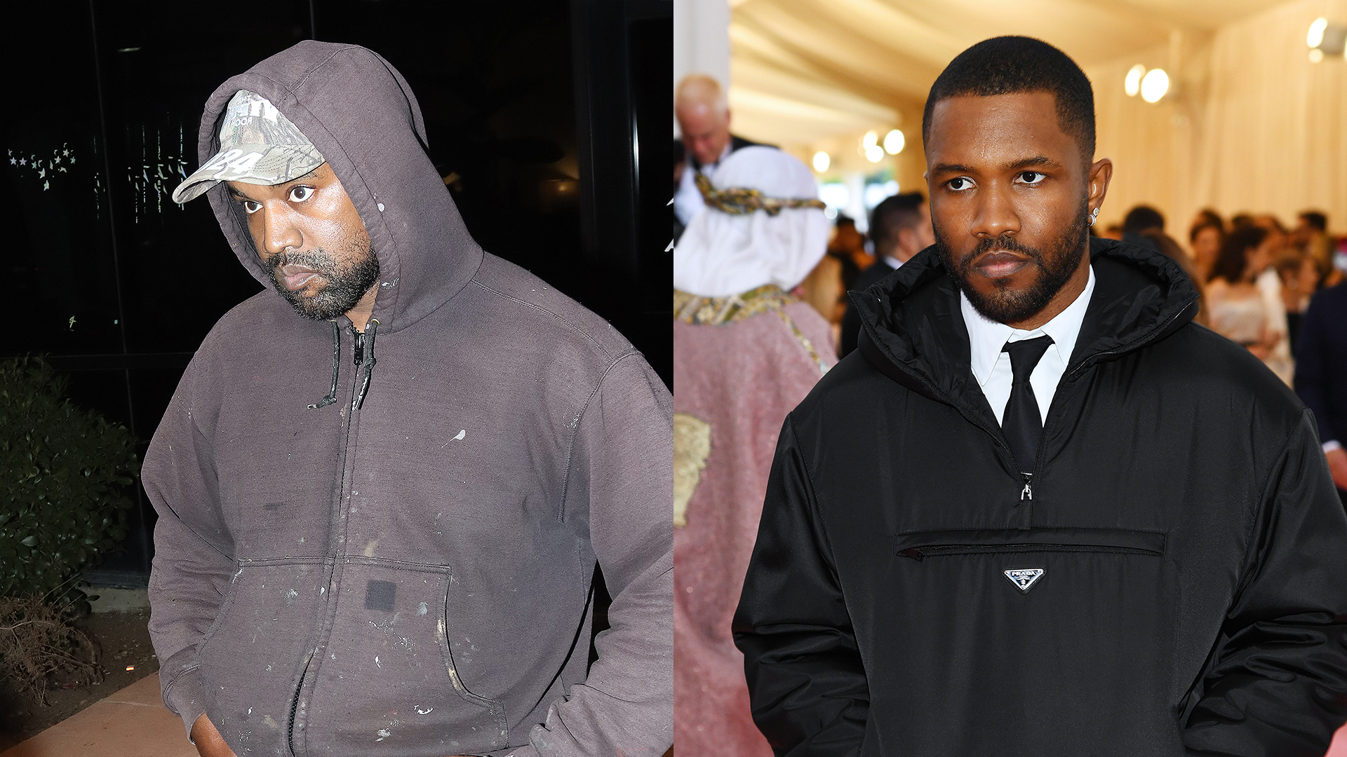 Kanye West in a hoodie and cap on the left; Frank Ocean in a black jacket and tie on the right at an event.