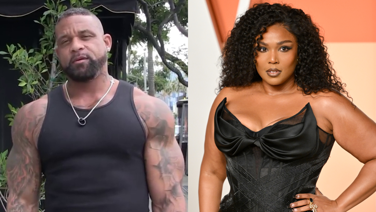 Left: A muscular Shaun T in a black tank top stands outdoors. Right: Lizzo, wearing a black dress, poses on the right.