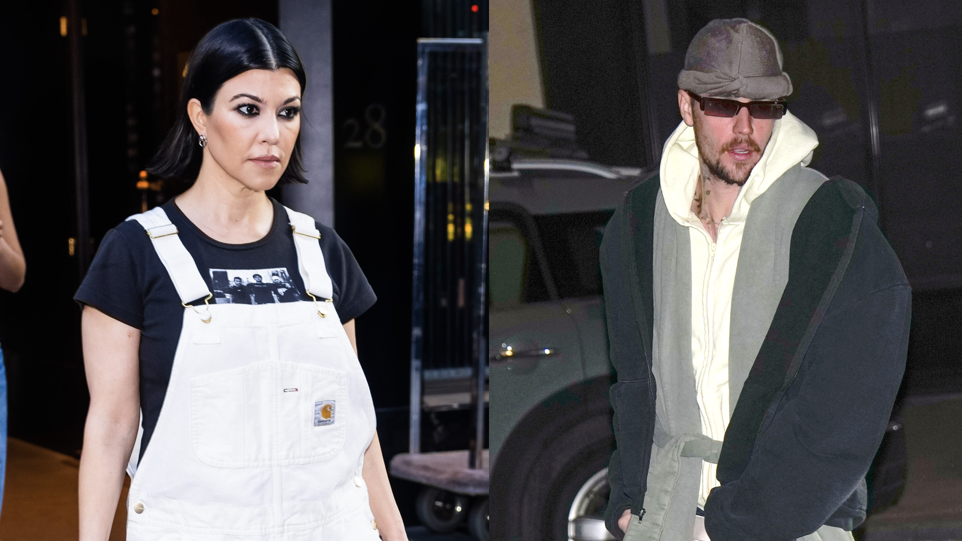 Kourtney Kardashian is seen in Midtown on May 19, 2023 in New York City/Justin Bieber is seen on February 05, 2025 in New York City. 