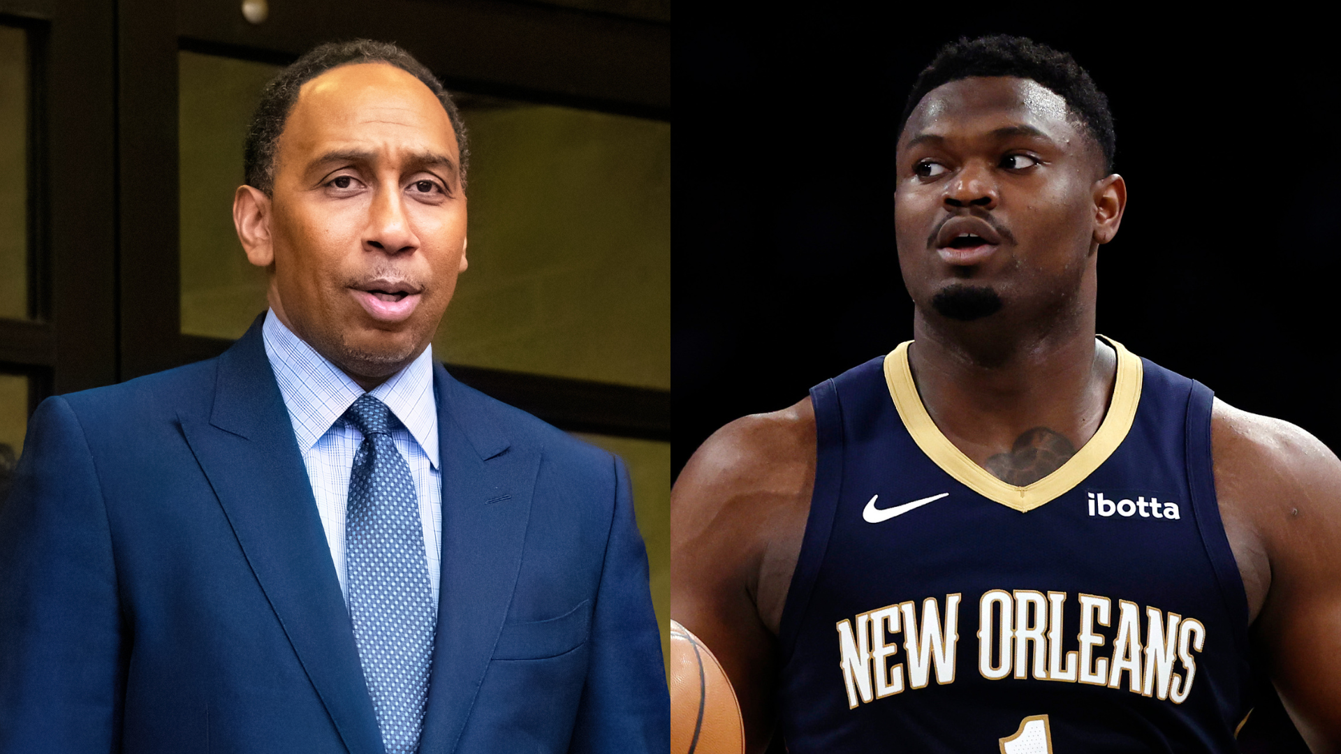 Stephen A. Smith in a suit and Zion Williamson in a New Orleans Pelicans jersey, side by side.