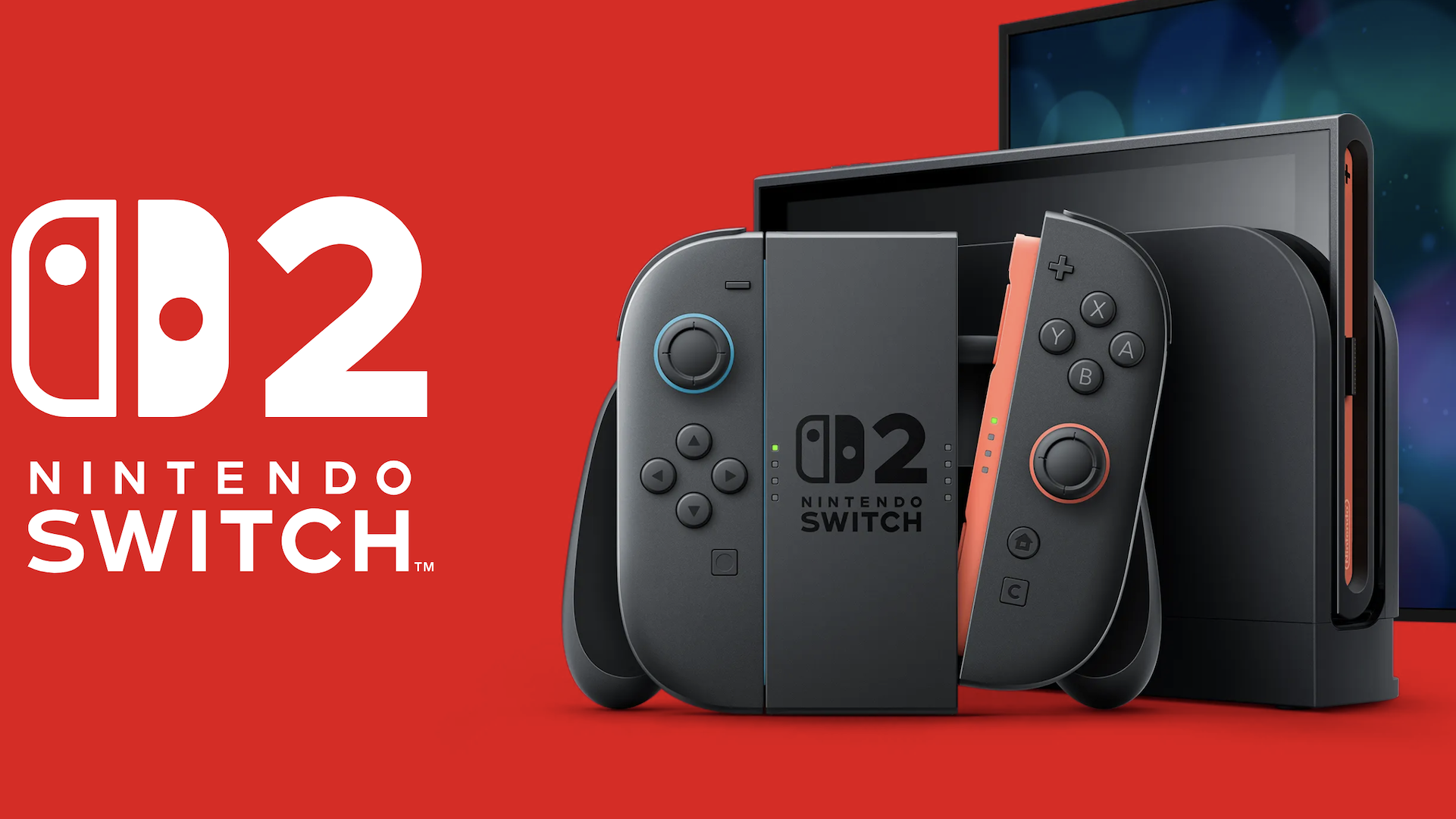 A promotional image of the Nintendo Switch 2, featuring the console, Joy-Con controllers, and dock against a red background.