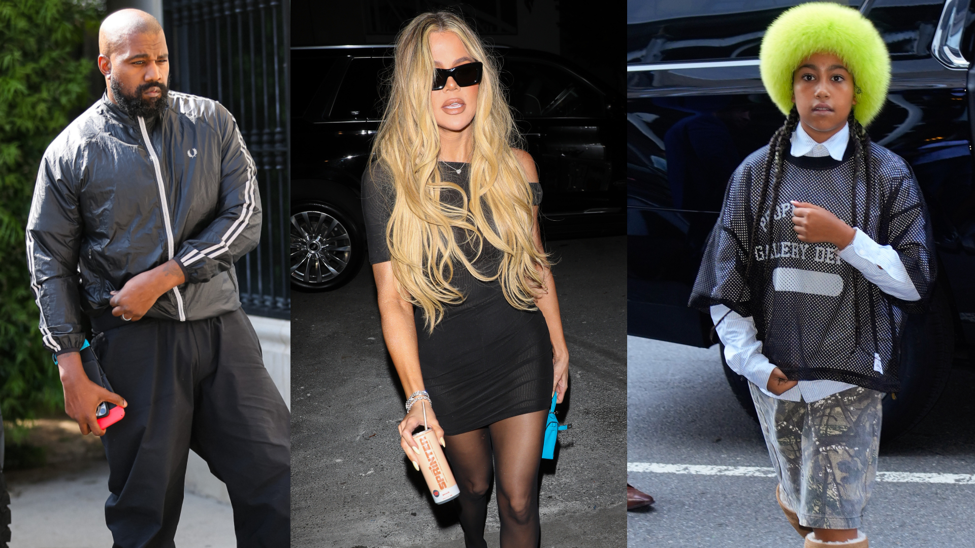 Kanye West in a tracksuit, Khloé Kardashian in a black dress, and North West with bright green hair, wearing a mesh top.
