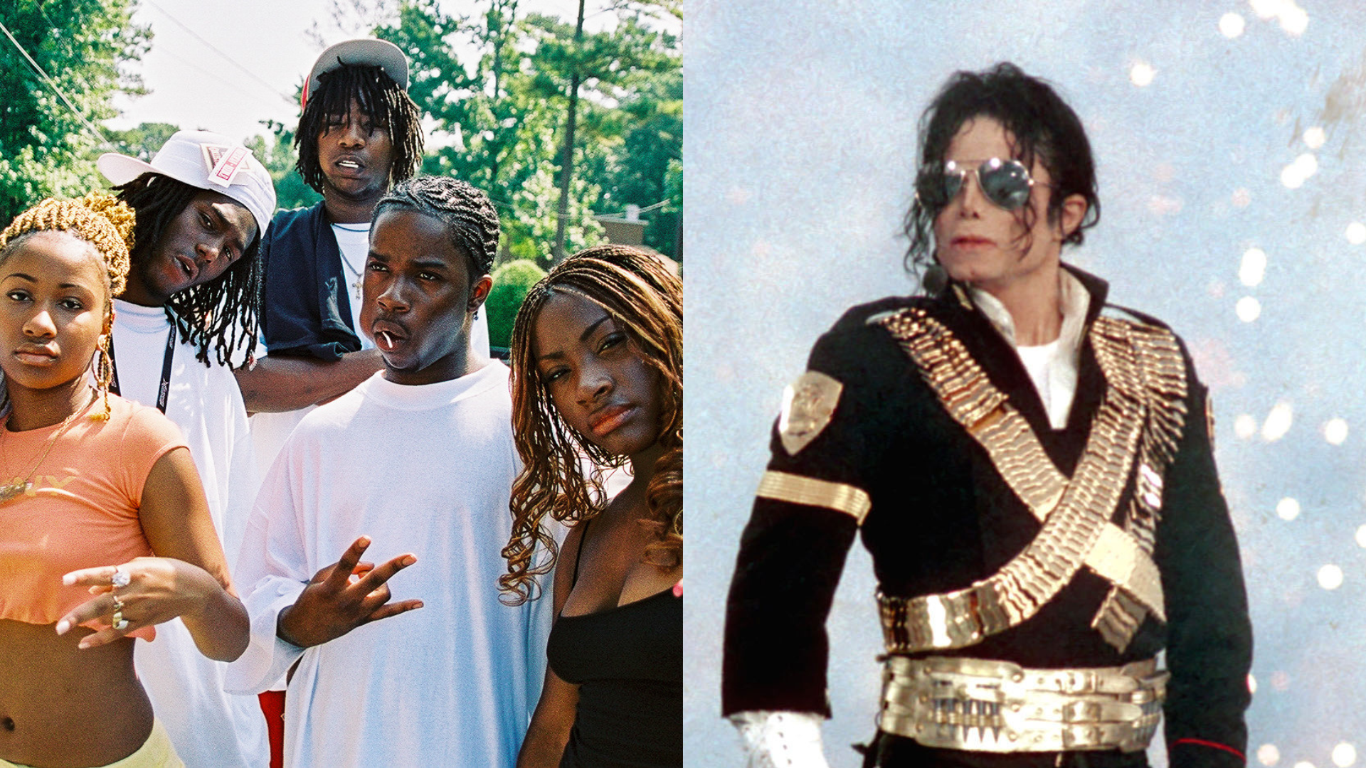 Left: A group of five young people posing outdoors. Right: Michael Jackson in a black and gold military-style jacket and sunglasses.