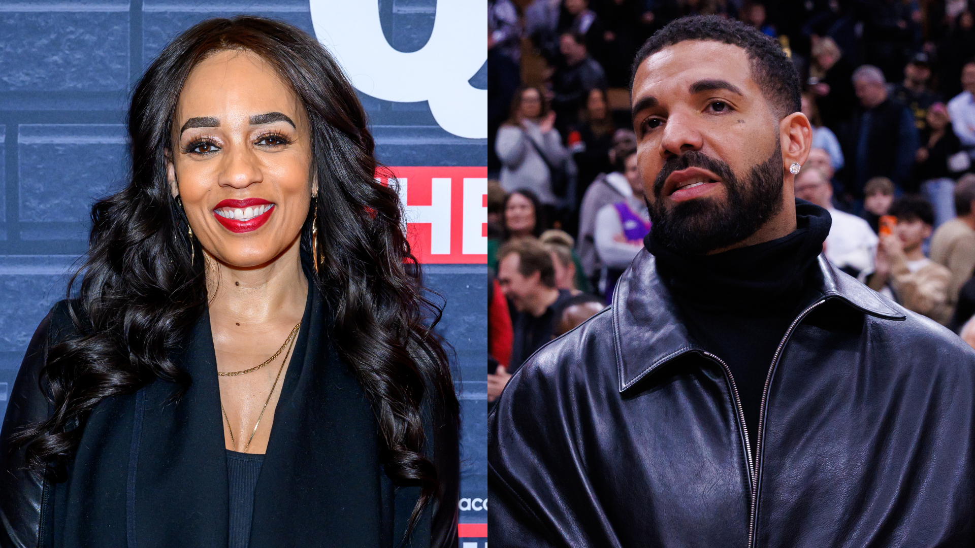 Melyssa Ford with long dark hair smiles, wearing a black outfit. Drake, in a leather jacket, stands in a crowd, looking serious.