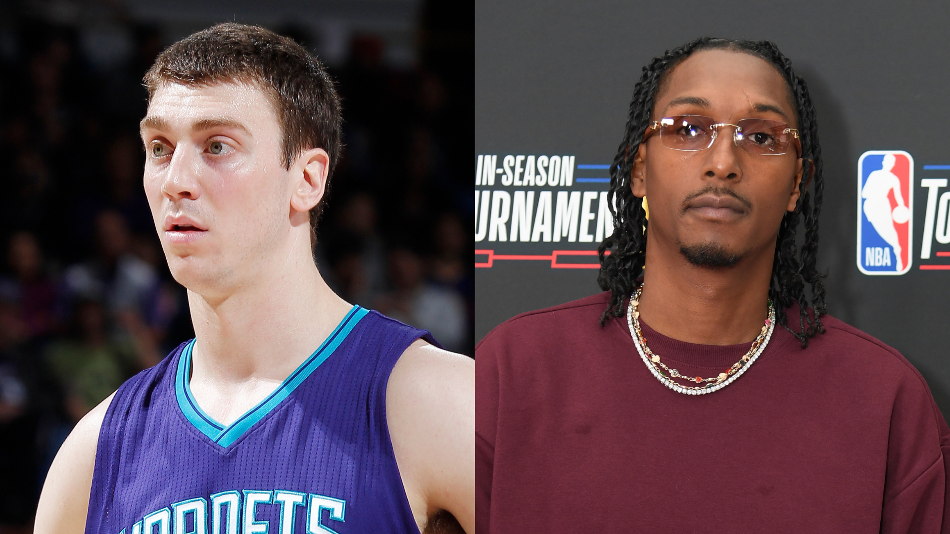 Two men are pictured side by side. The left man is wearing a Charlotte Hornets basketball jersey. The right man is wearing glasses and a maroon shirt.