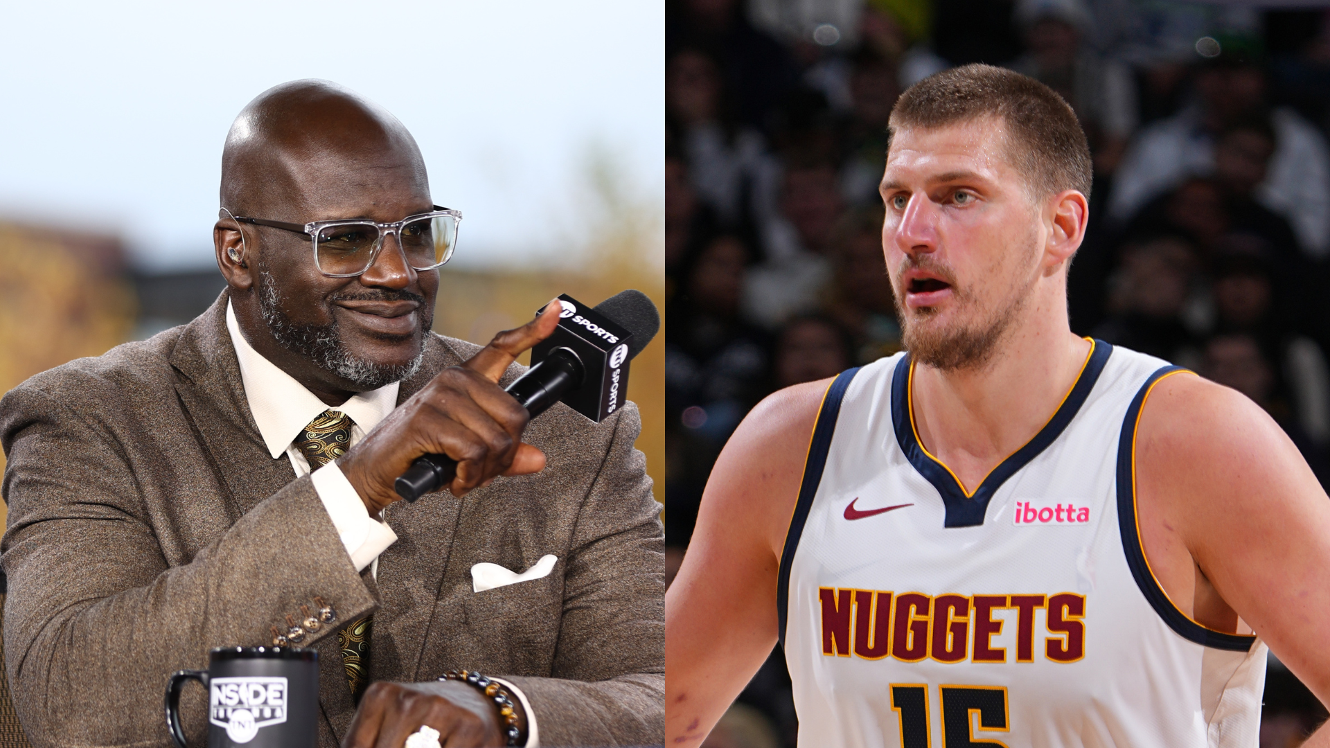 Shaquille O'Neal, wearing glasses and a suit, speaks into a microphone. Nikola Jokić, in a Nuggets jersey, stands during a game.